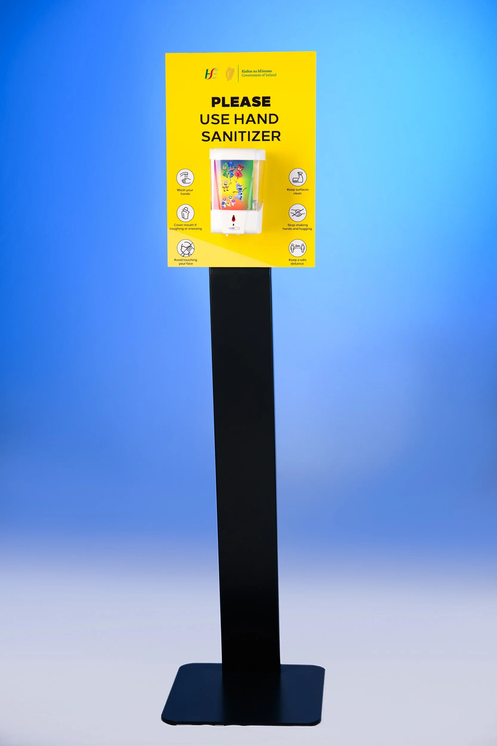 Instructional hygiene sign featuring hand sanitiser guidance and safety icons on a yellow background.
