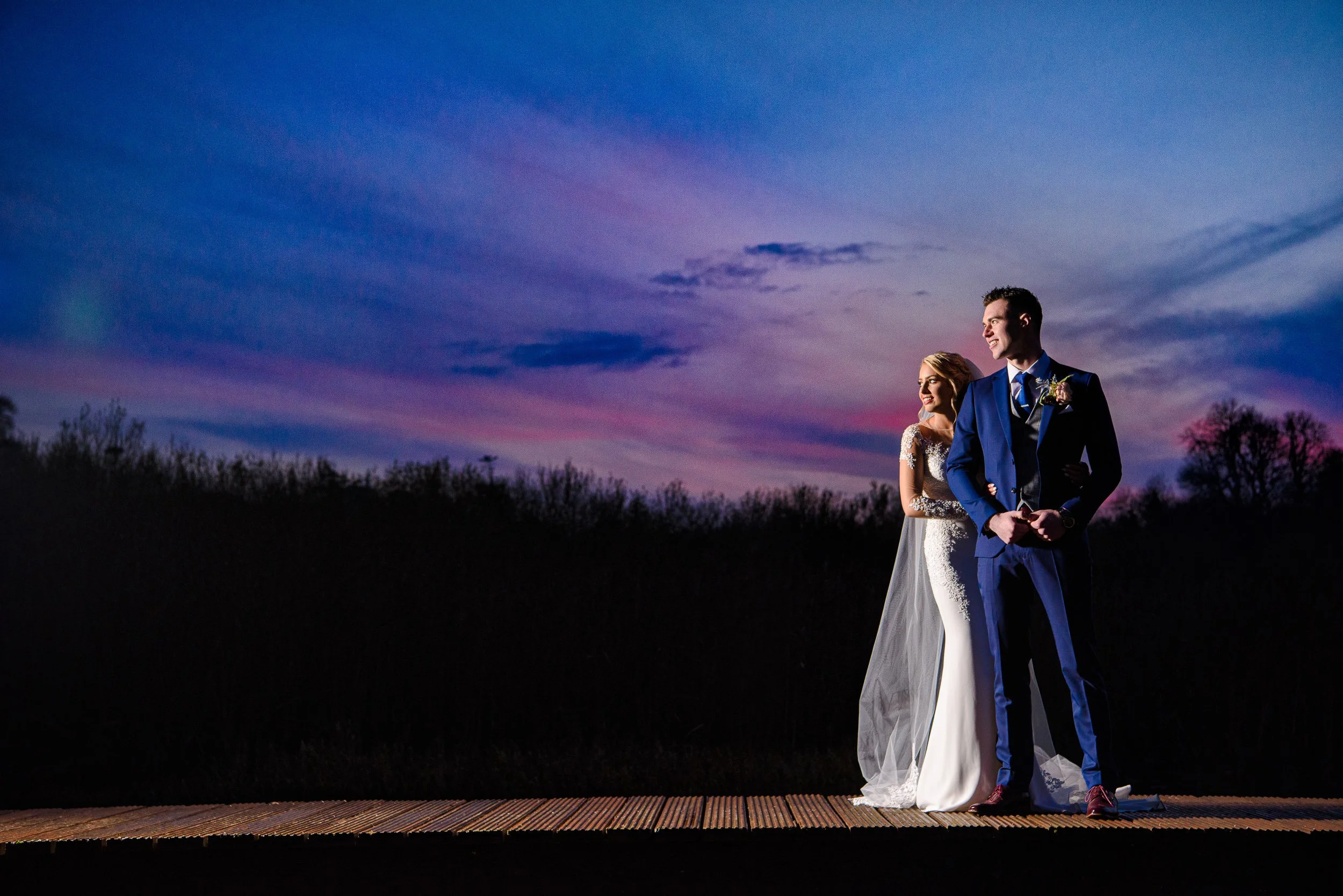 Wedding Photography Westmeath – couple portrait at sunset on jetty at Bloomfield House Hotel