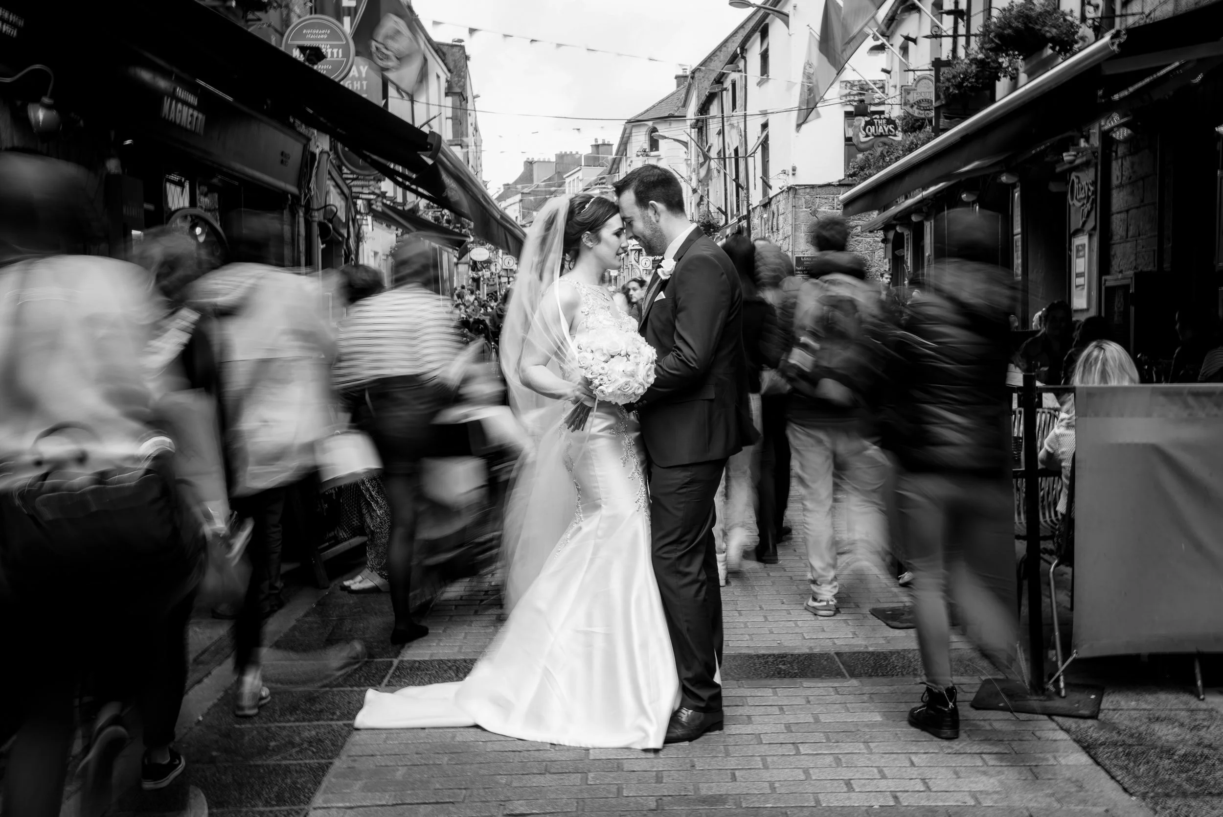 Wedding Photography Galway – black and white couple portrait on Shop Street with motion blur