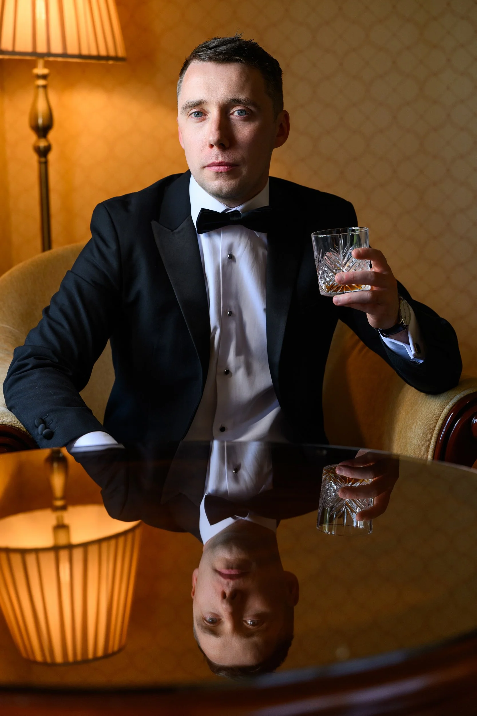Wedding Photography Roscommon – groom prep portrait with reflection at Kilronan Castle