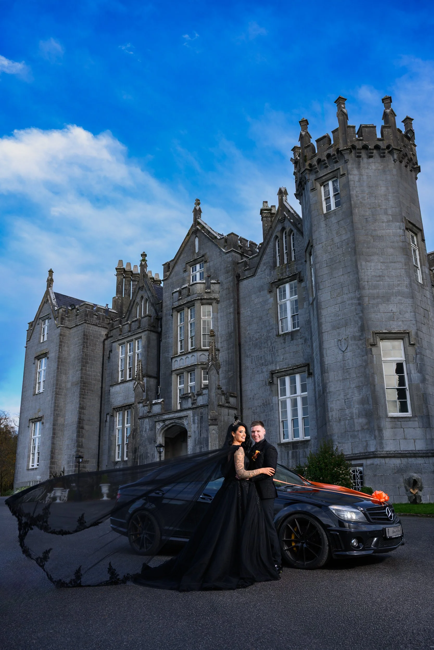 Elegant wedding portrait with dramatic lighting at Kilronan Castle – luxury Irish wedding photographer