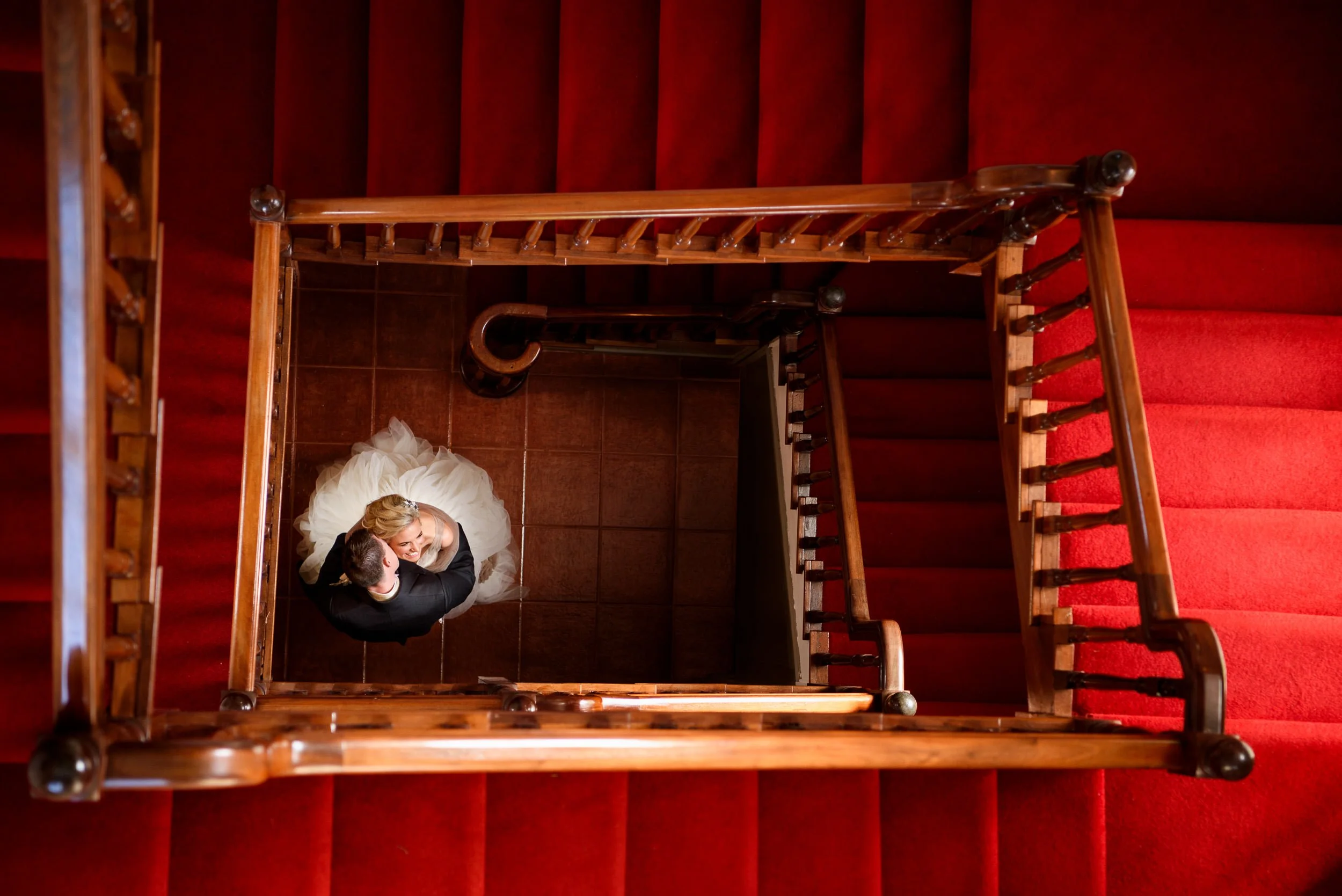 Wedding Photographer Ireland – overhead couple dancing with dramatic composition at Boyne Hill House