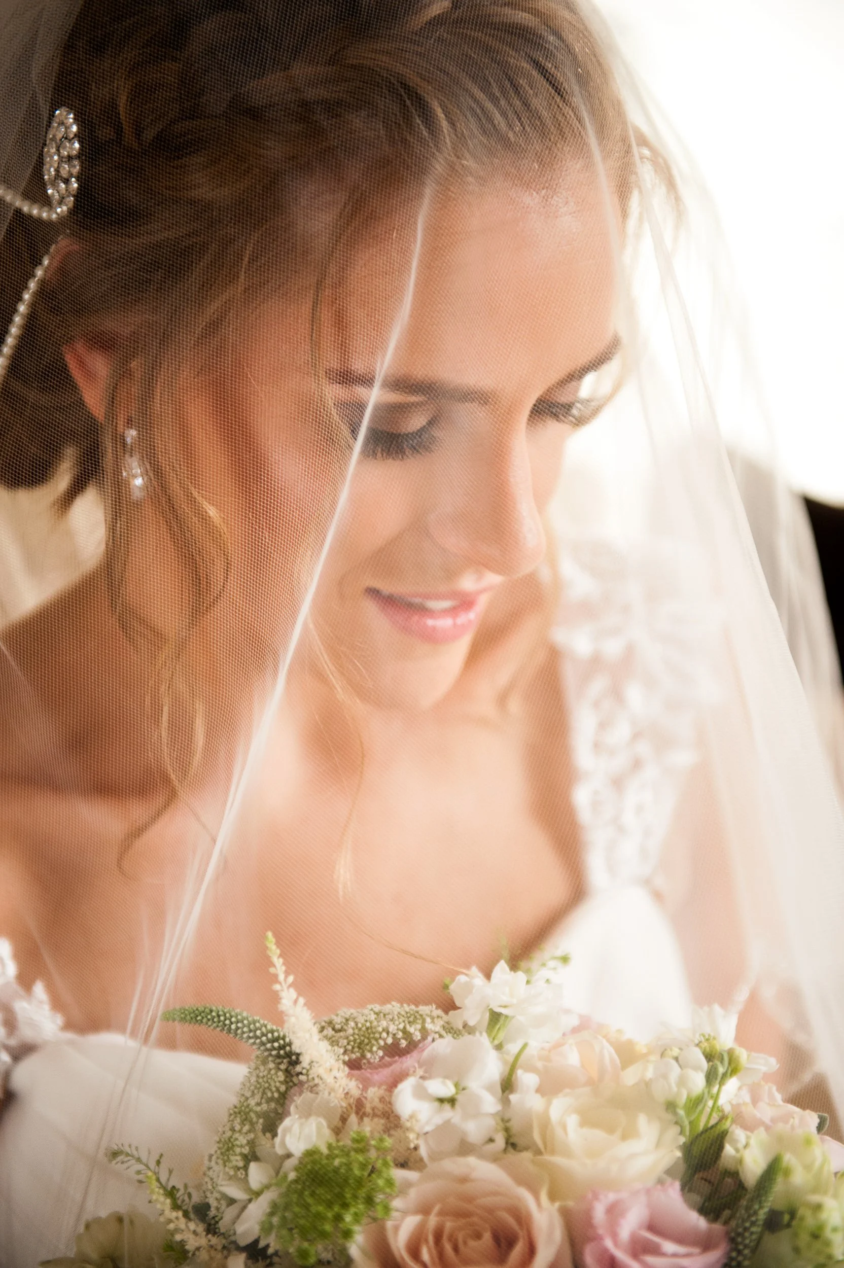Wedding Photography Ireland – close-up bride portrait with bouquet and veil