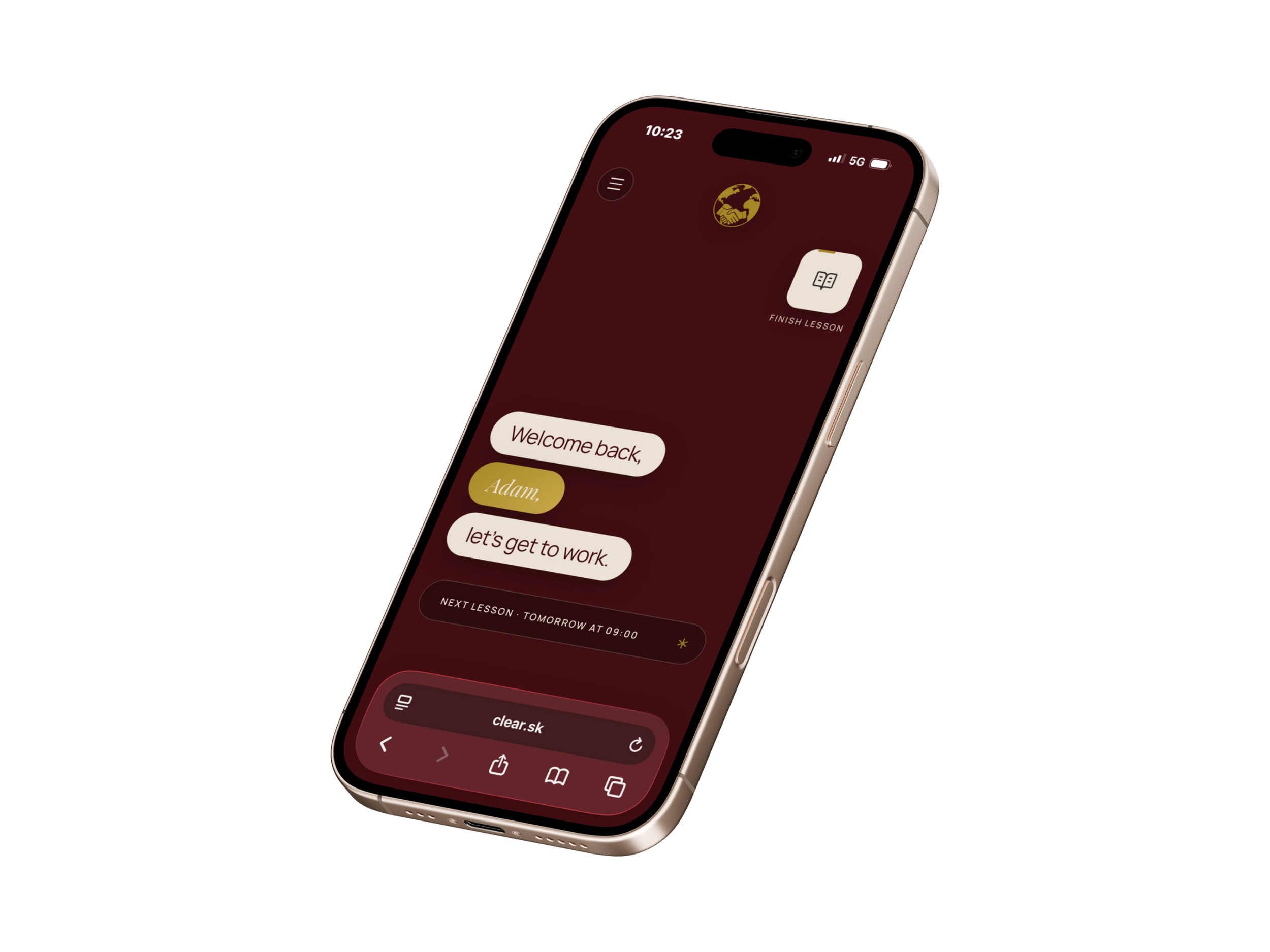 Smartphone displaying a language learning app with options for lessons and a welcome message.