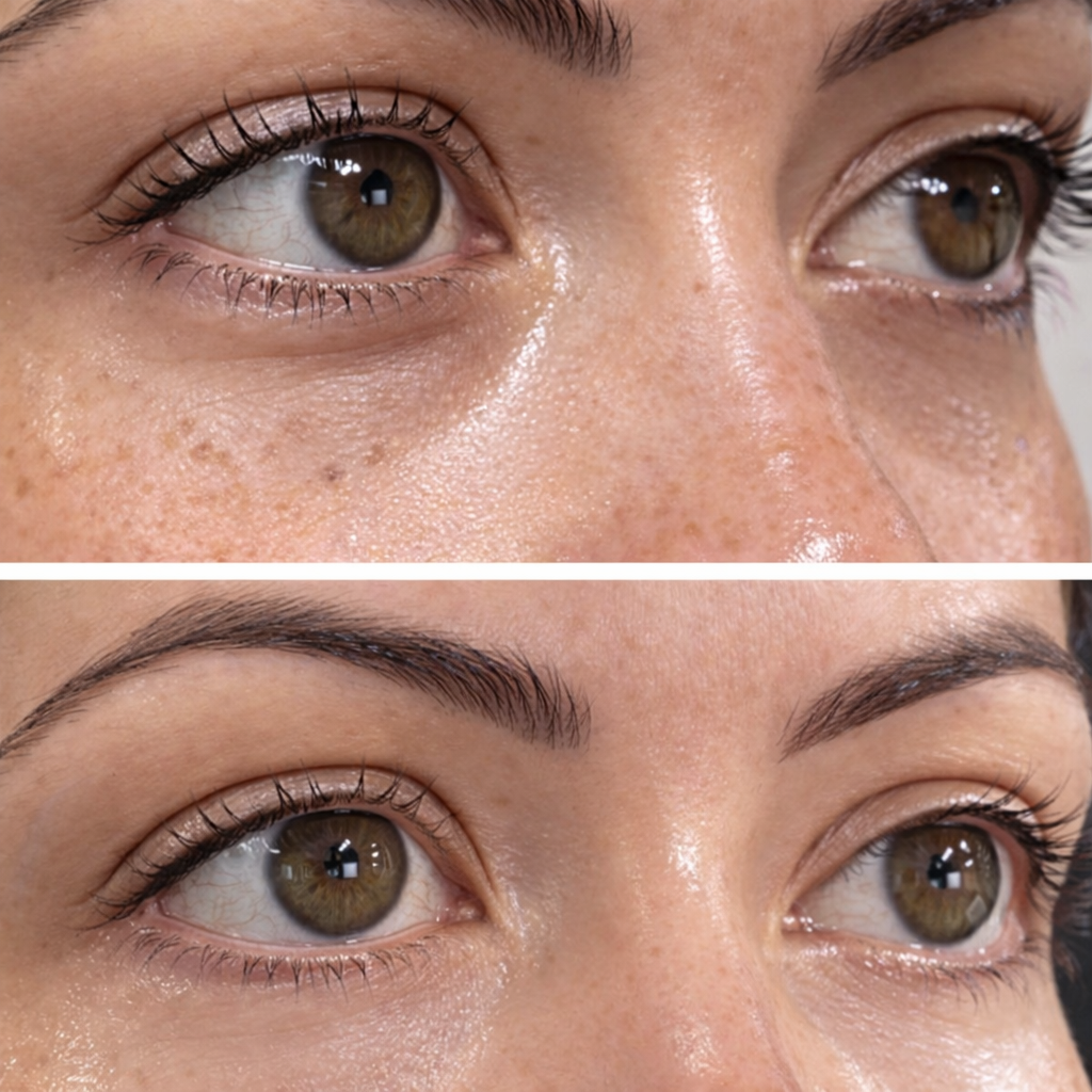 Close-up of a woman's eyes showing before and after makeup application, with the after image displaying enhanced eyebrows and smoother skin.