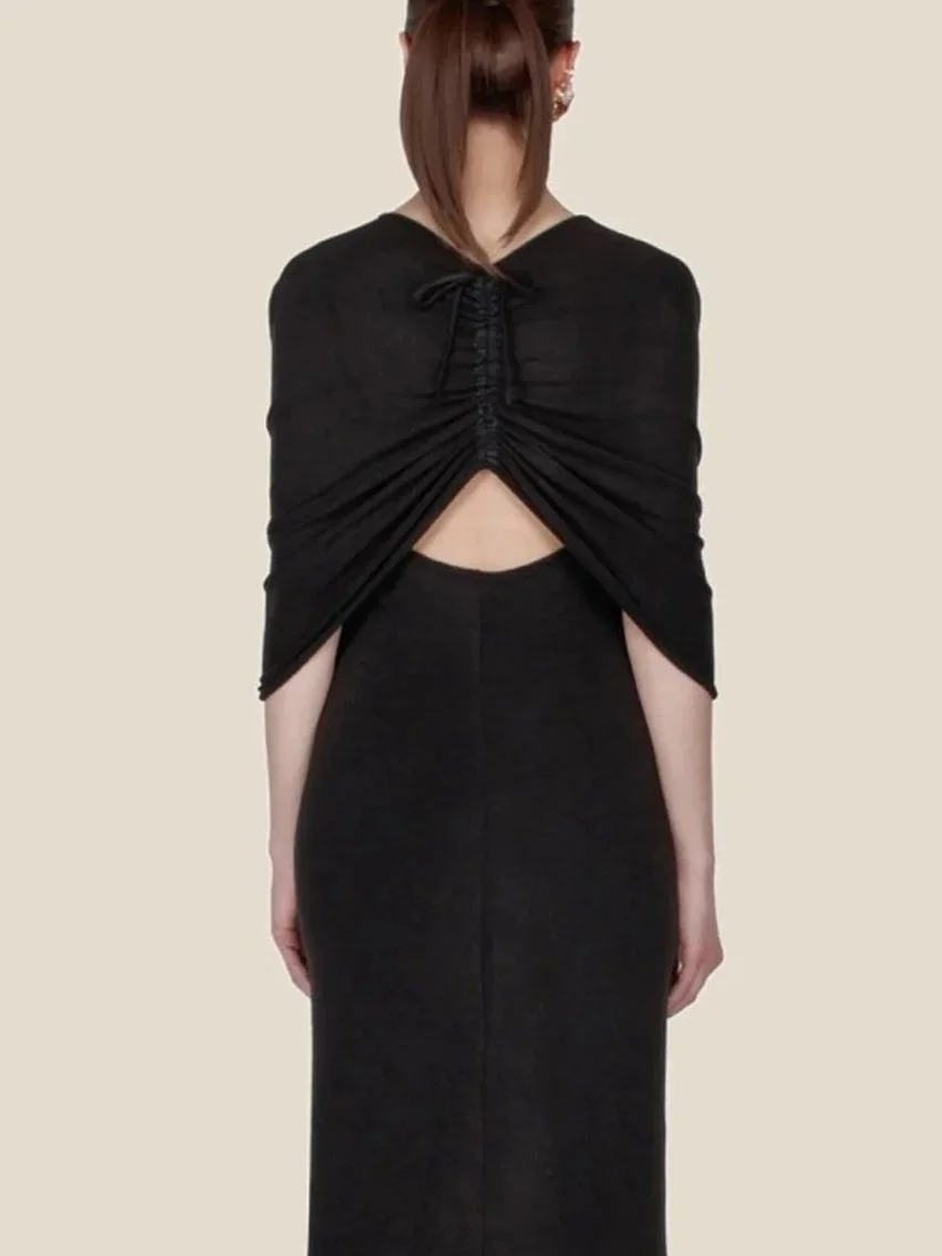 J.Kim black halter knit dress, full back view with drawcord-gathered shoulders opening to a low rounded back