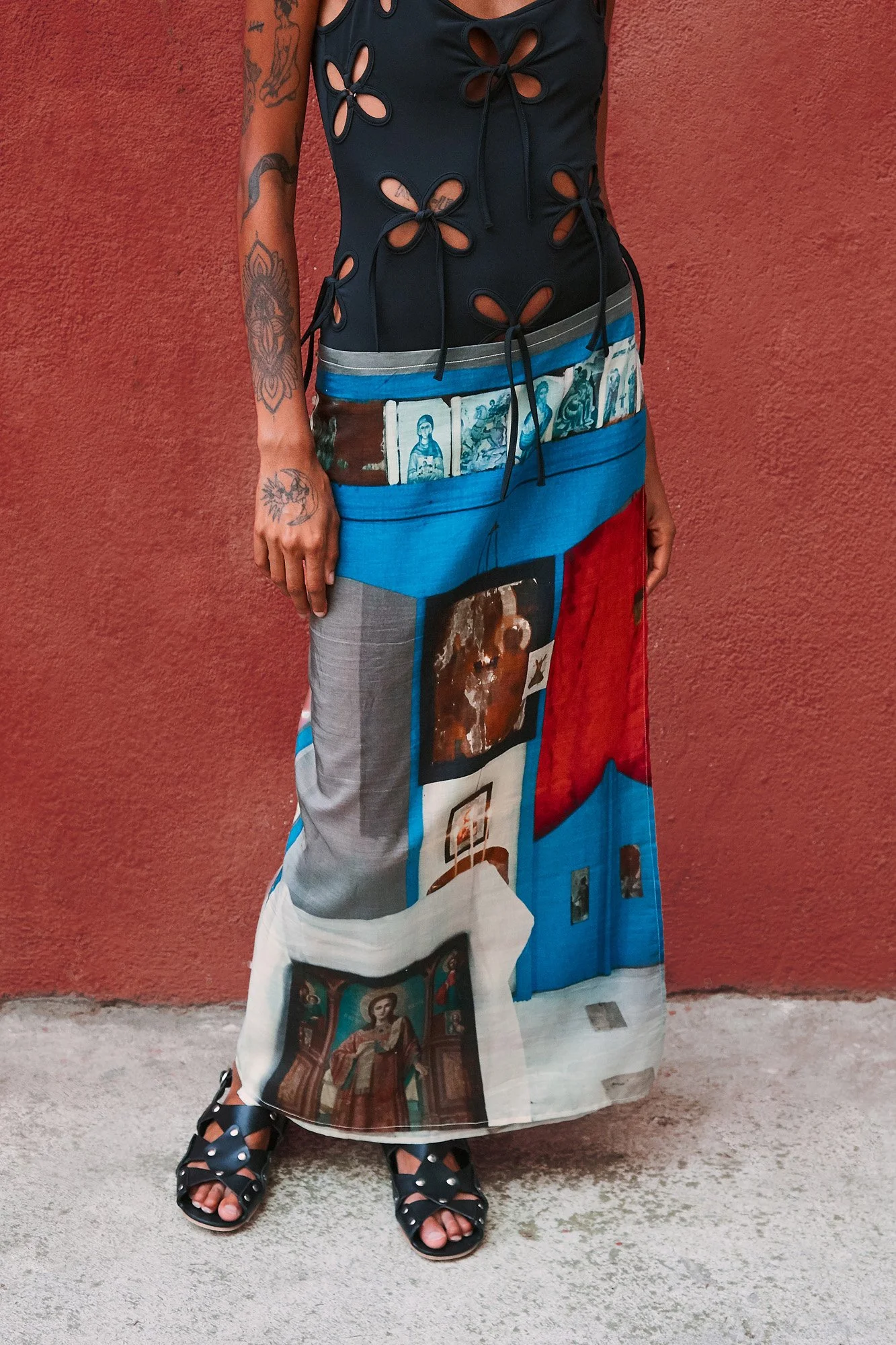 Mouzahres Ag Marina wrap skirt in multi, close-up of the wrap fastening and photographic patchwork print detail