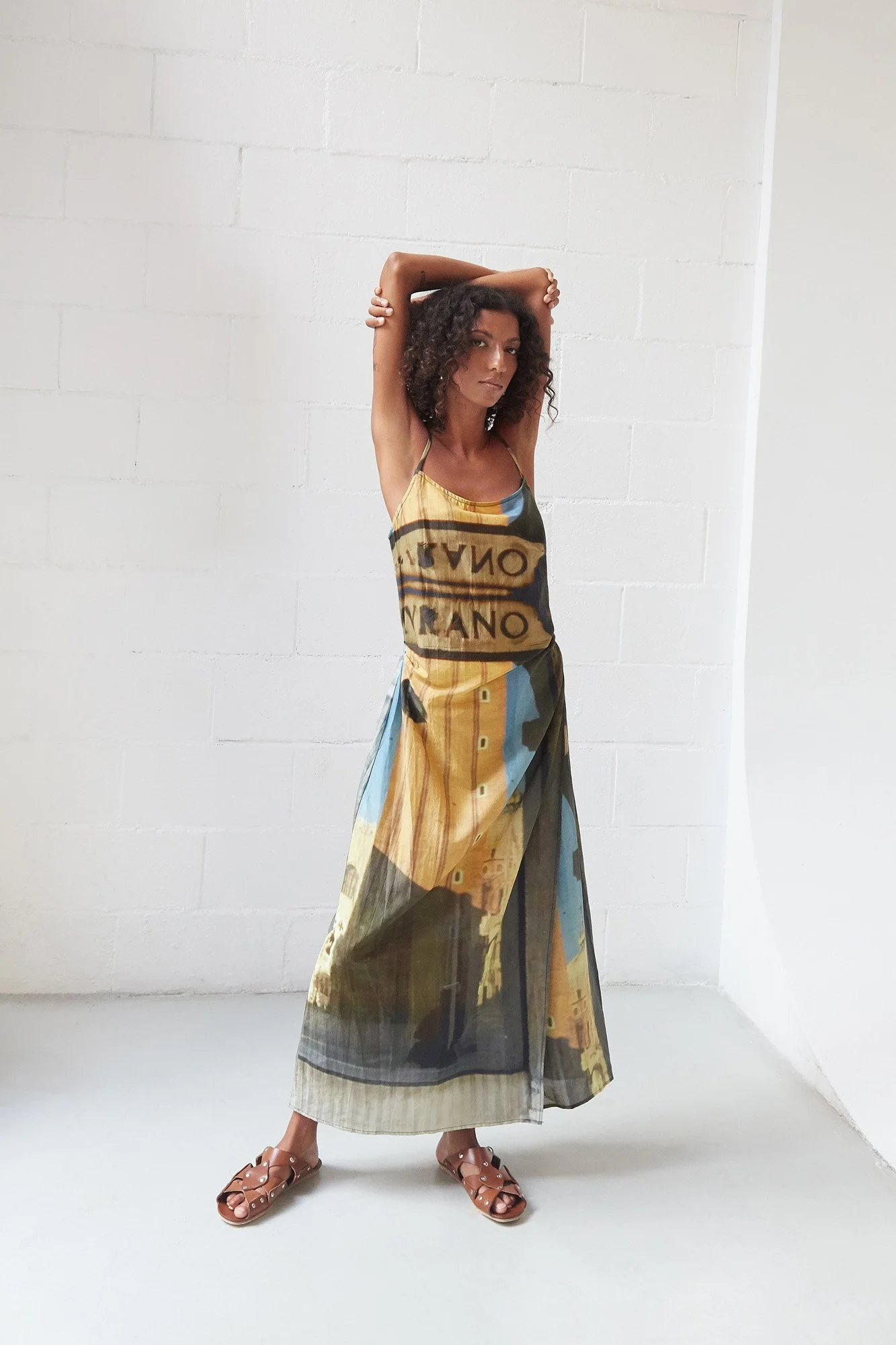 Mouzahres Venezia wrap dress in multi, full-length front view of the sleeveless wrapped maxi dress