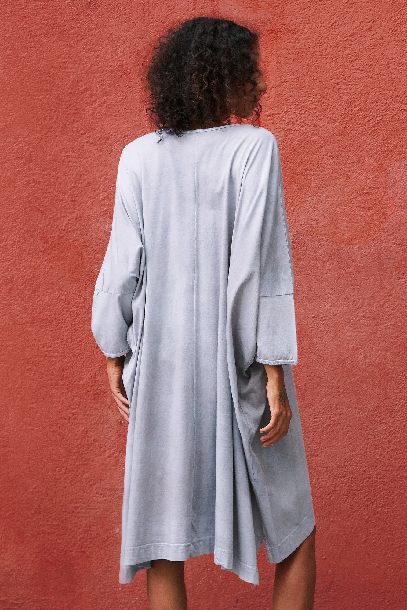 Intellectual Leisure Big Greek T-dress in grey, back view showing the oversized dropped-shoulder t-shirt dress silhouette