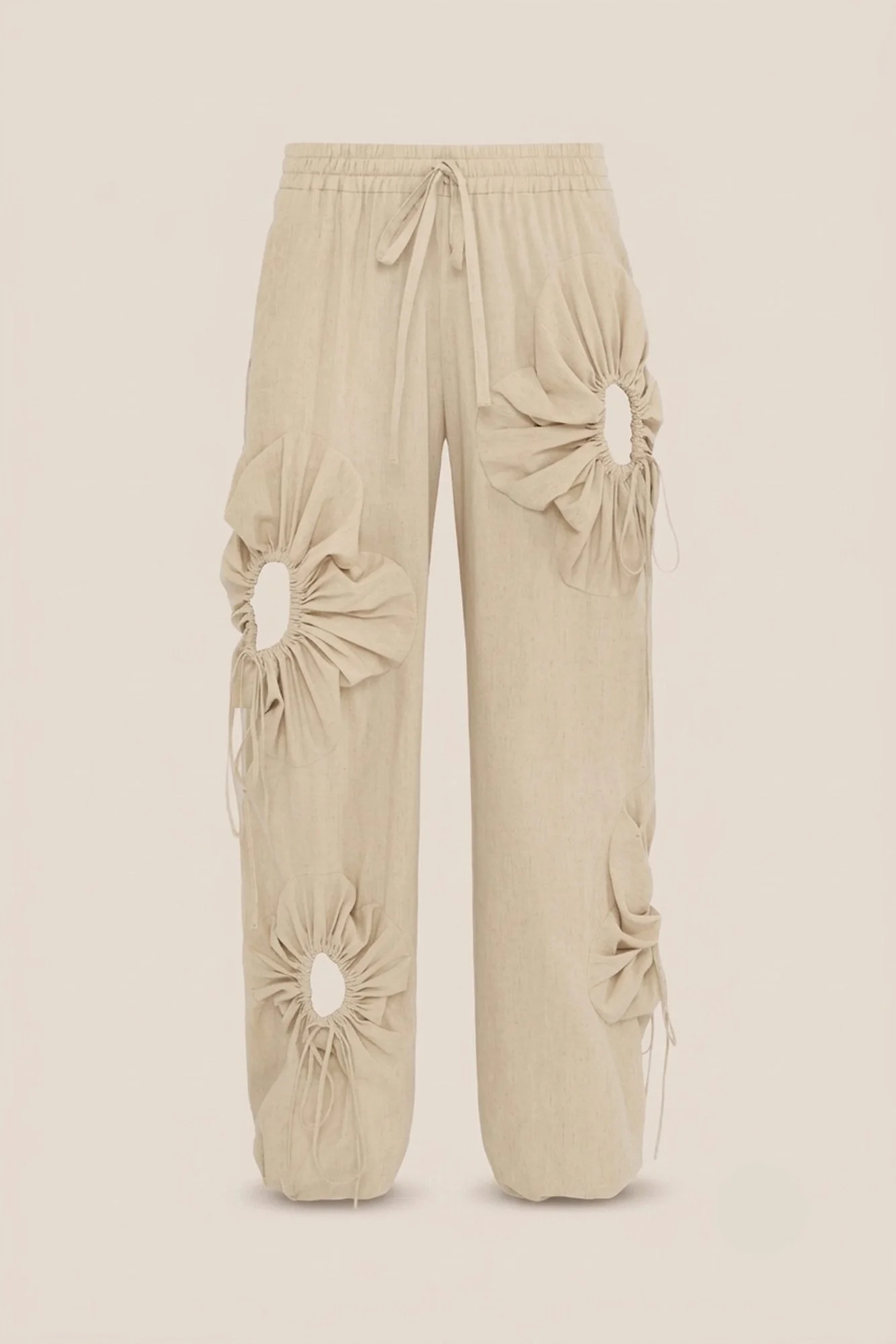 J.Kim linen flower pant in cream, flat view of the gathered floral cut-out detail and drawstring waist