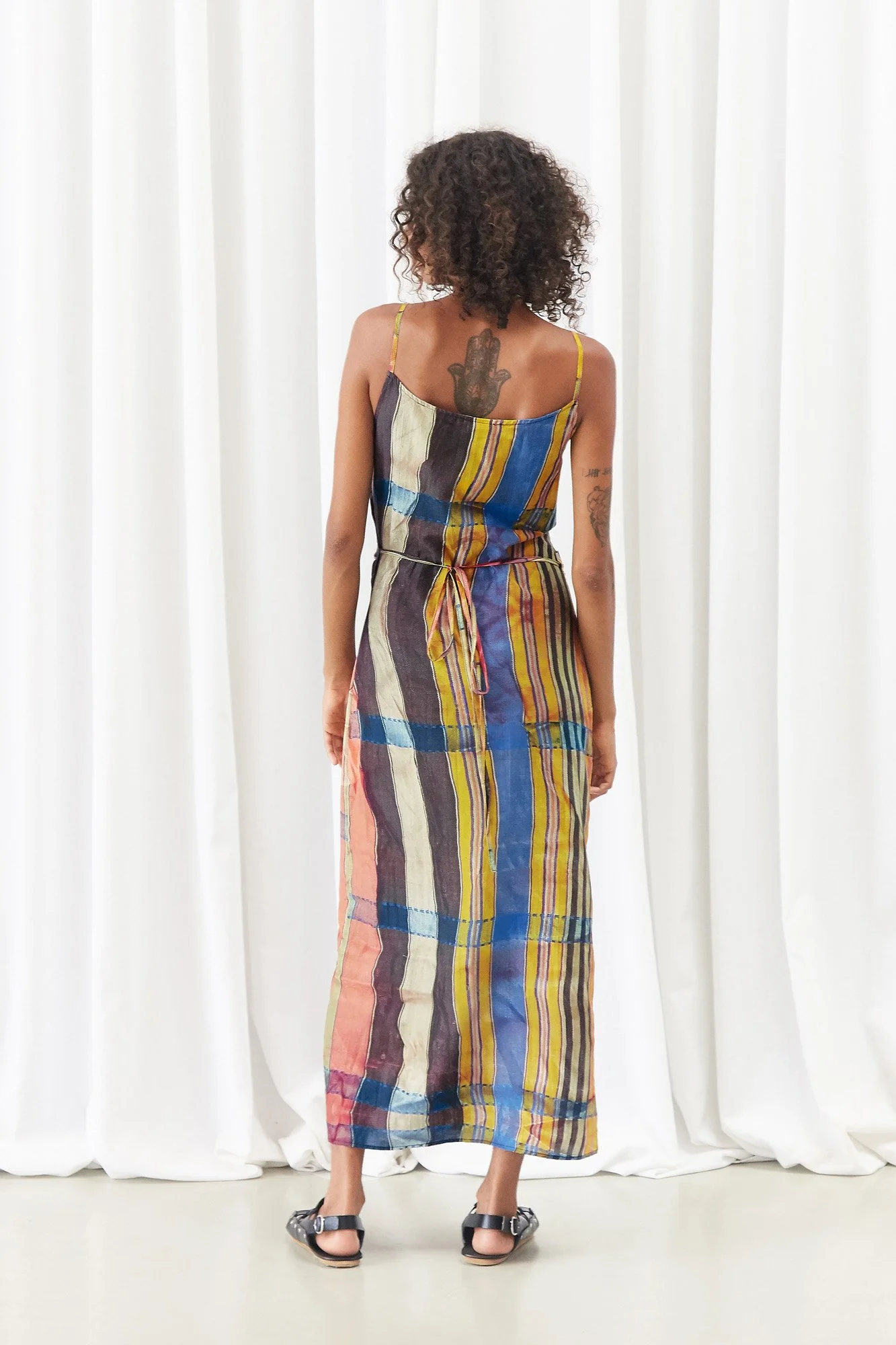 Mouzahres Zosma wrap dress in multi, back view showing the sleeveless wrapped maxi silhouette and abstract brushstroke print