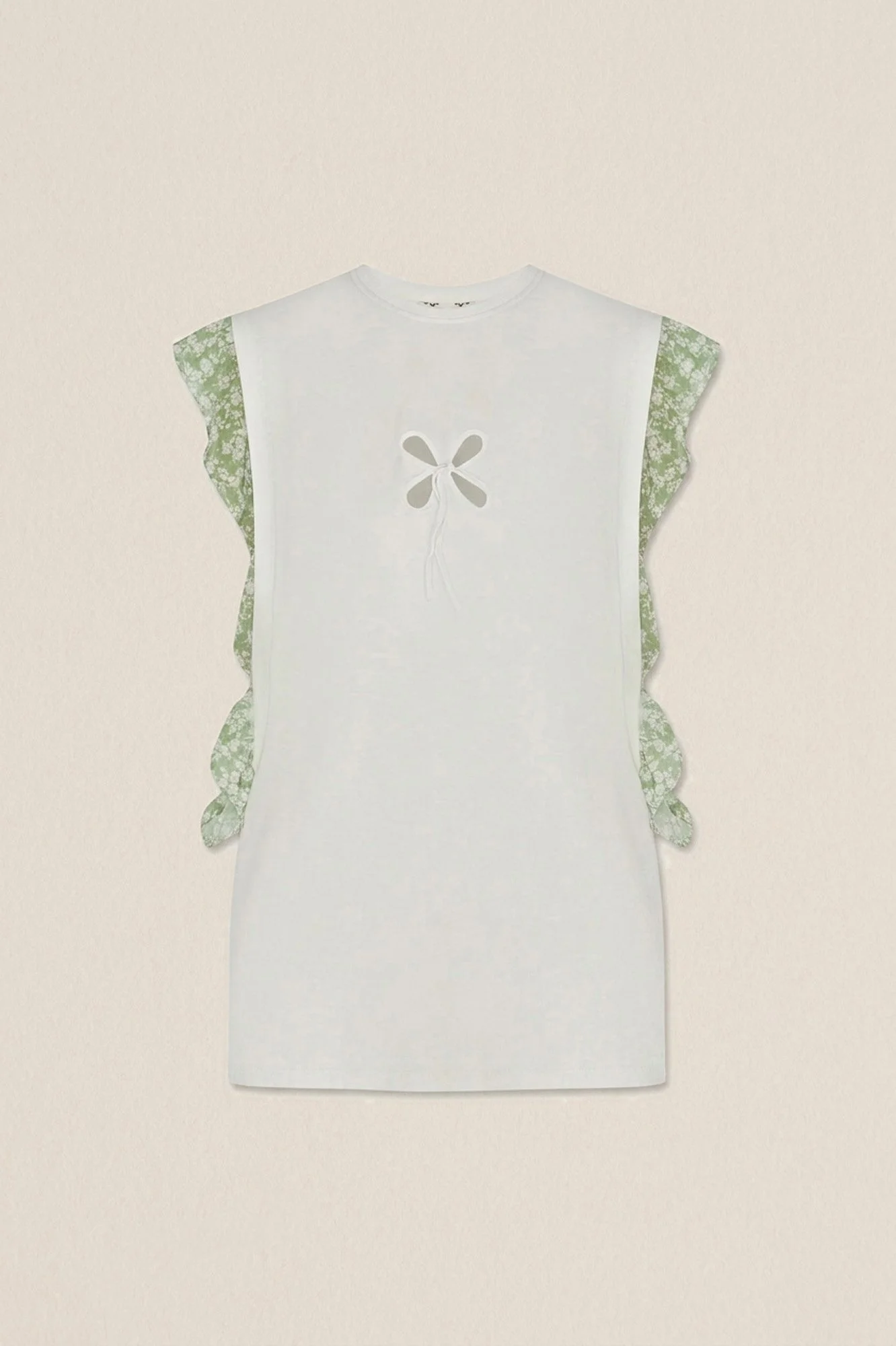 J.Kim Anechka petal t-shirt in white with green floral ruffle sleeves and petal cut-out detail, flat product shot