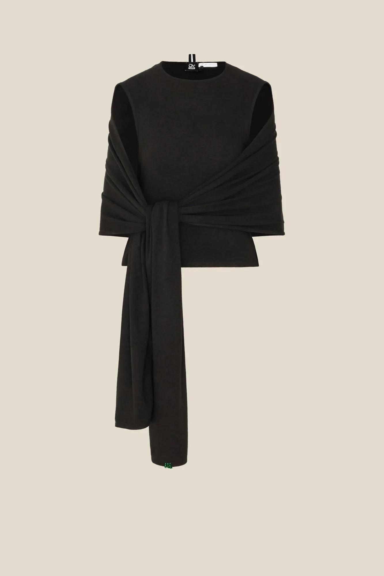 J.Kim sleeveless halter knit top in black with an attached shawl draped over the shoulders and tied in a long knot at the front