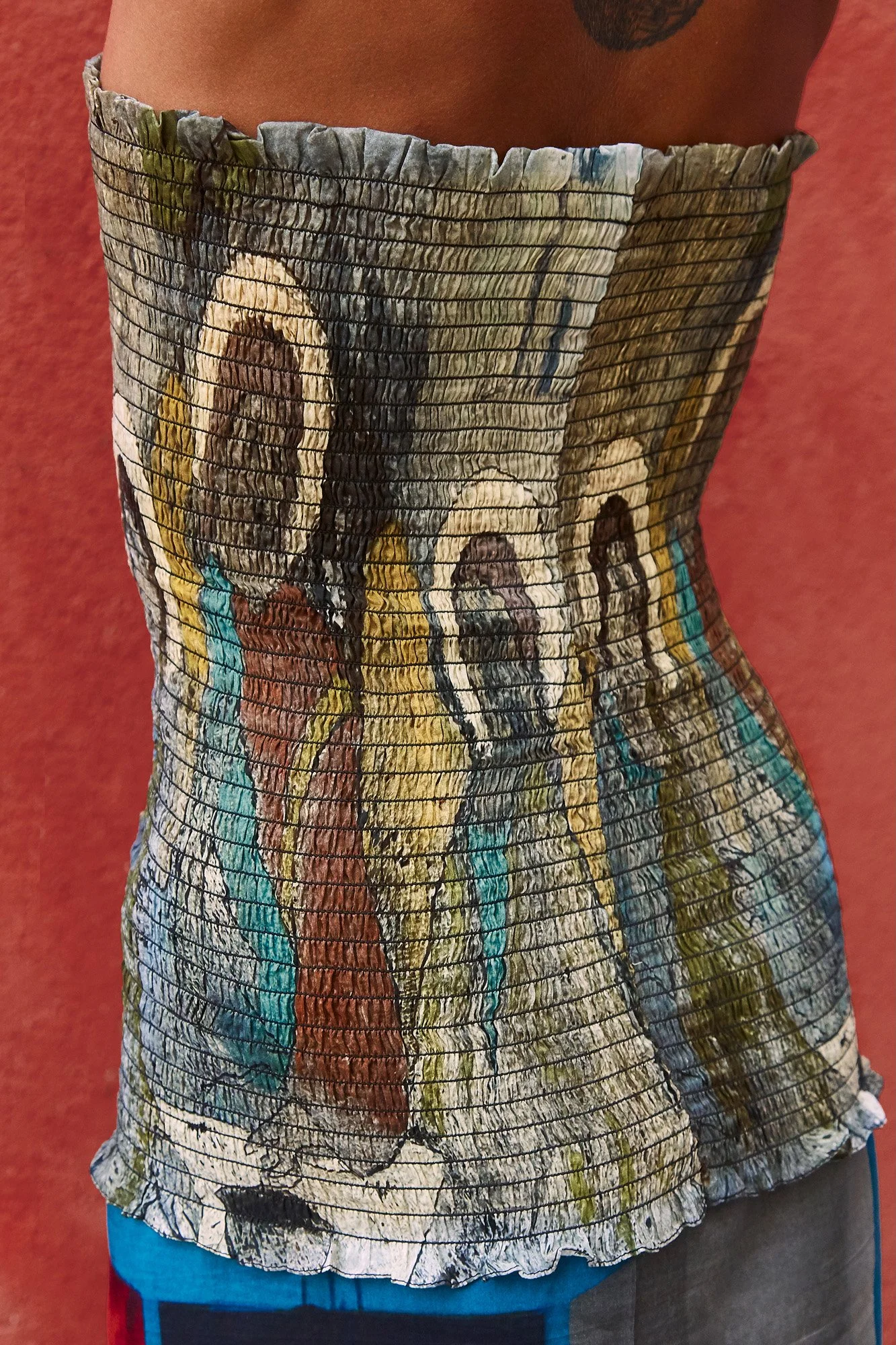 Mouzahres Trinita Santa bandeau top in multi, back view showing the strapless fitted cut and figurative print