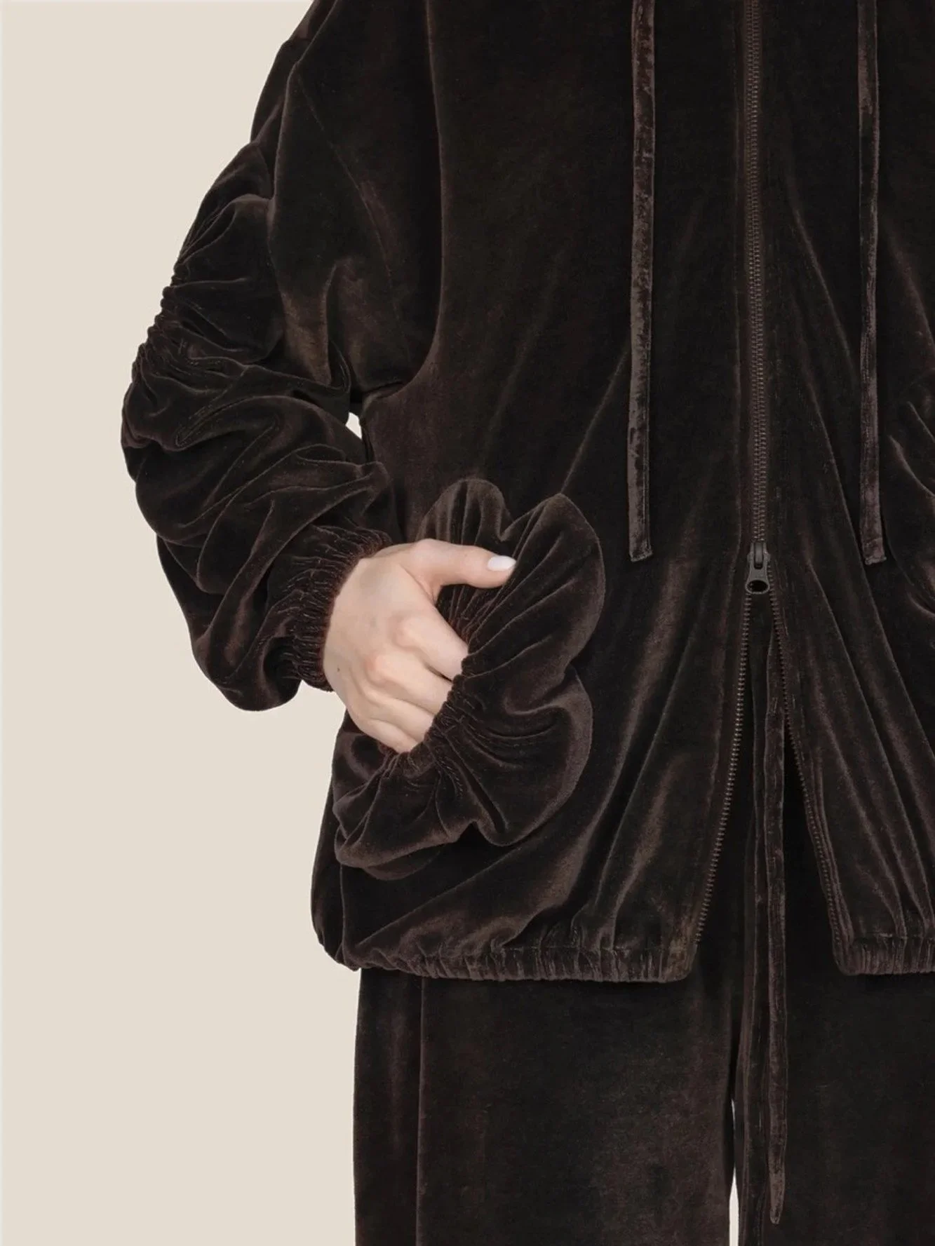 Detail of J.Kim chocolate brown velour zip hoodie with gathered velour flower appliqués on the front and sleeves