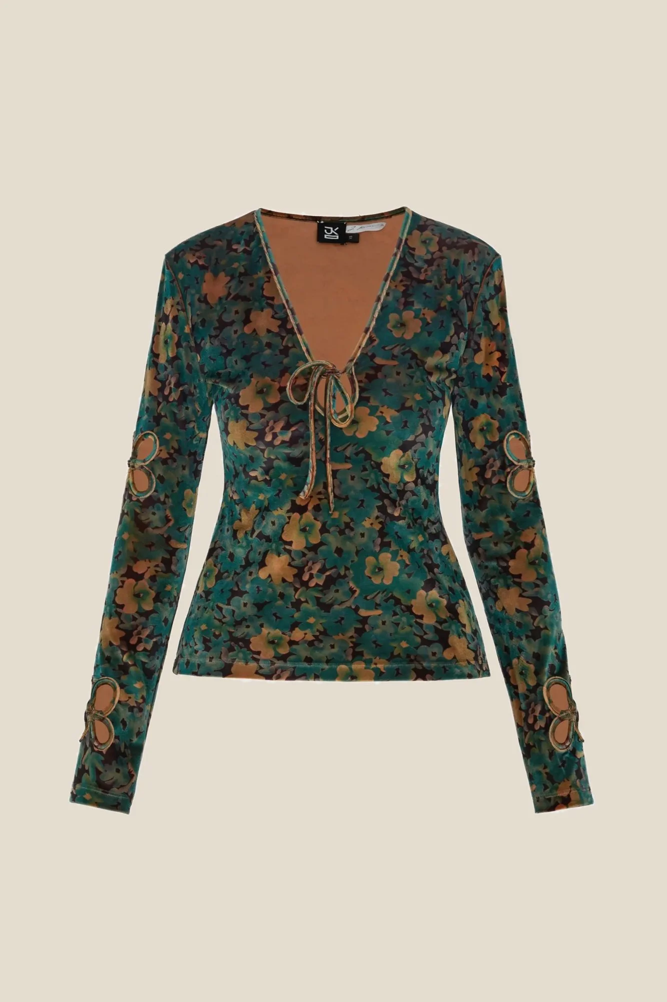 J.Kim fitted long-sleeve velour top in a teal and caramel floral print, with a self-tie V-neck and petal-shaped cutouts on the upper sleeves and cuffs joined with metal rings