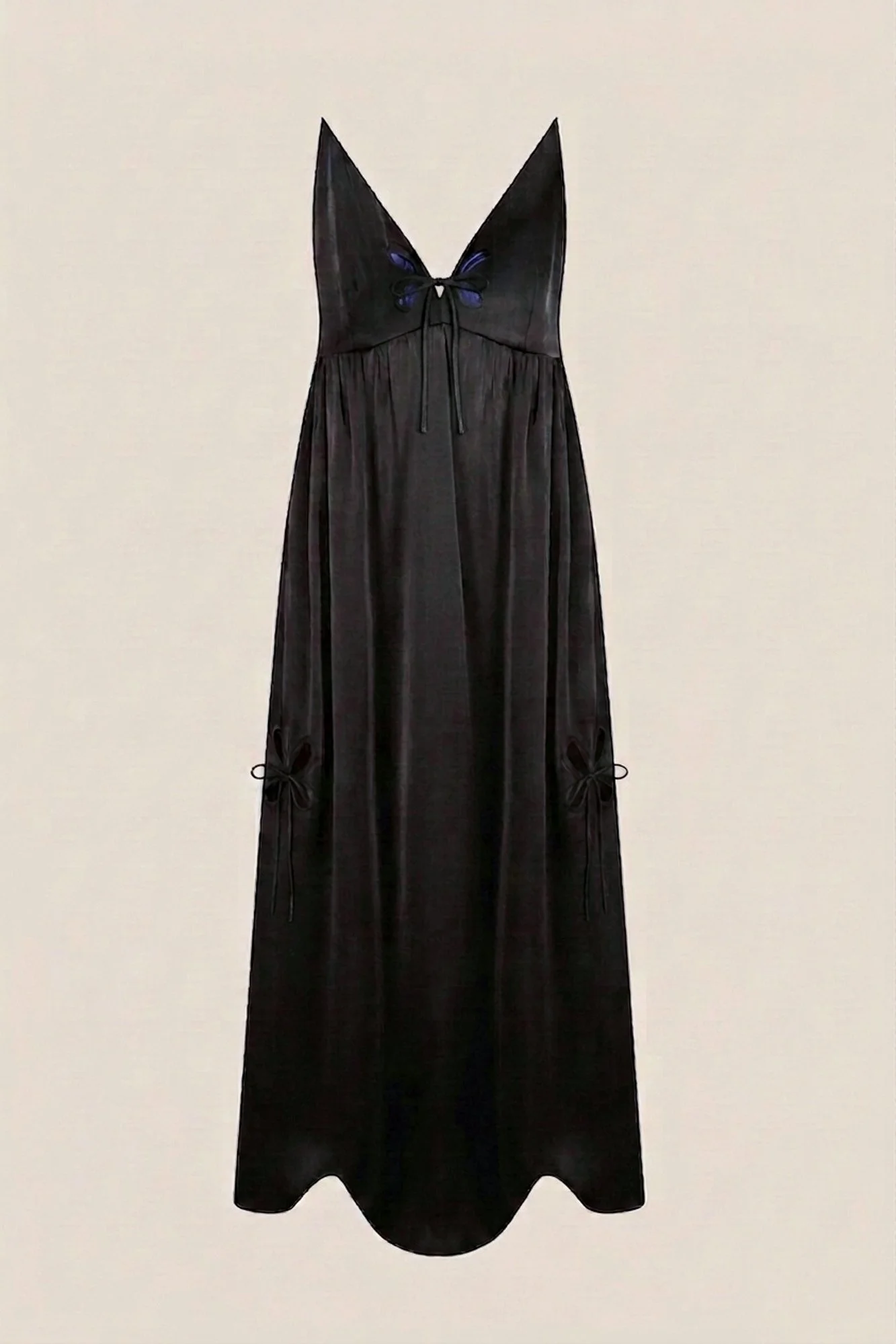 J.Kim petal chemise sundress in black, flat view of the sleeveless flowing maxi sundress