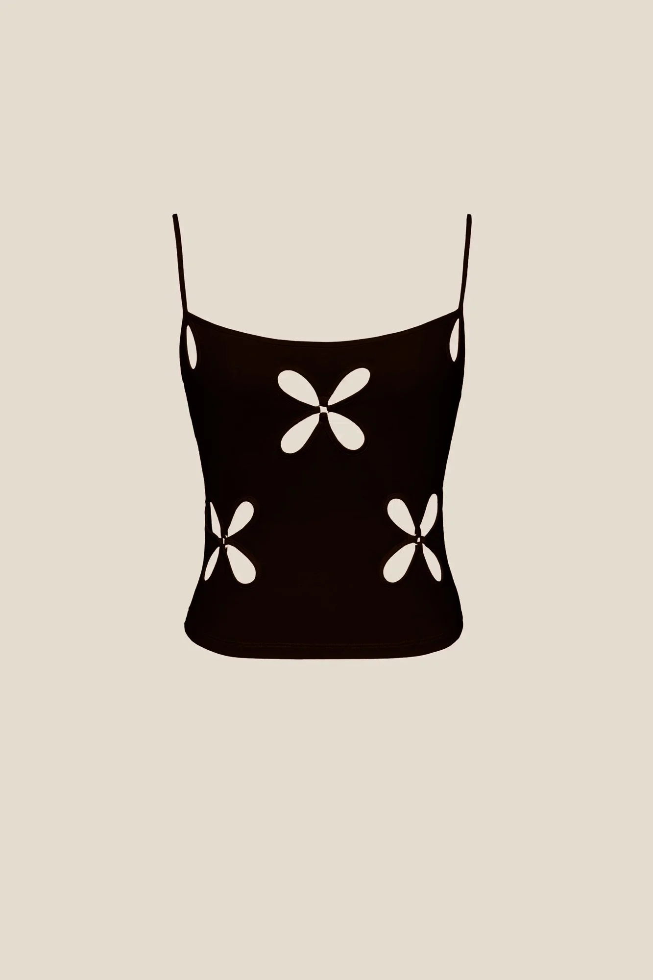 J.Kim Chilla camisole in black, flat view showing floral cut-out detailing at the bust and waist