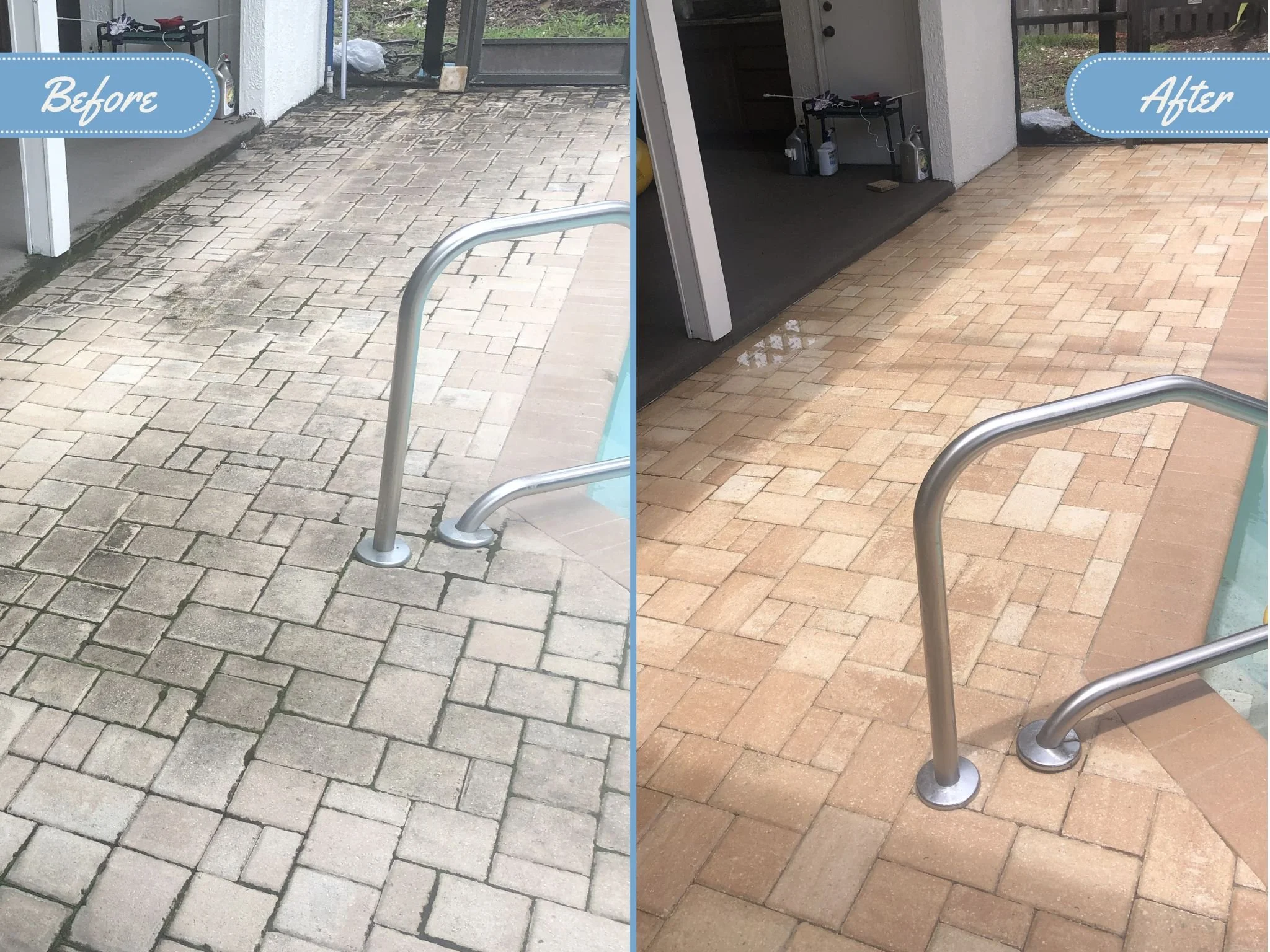 Comparison of two images of a luxury backyard pool patio, showing before and after soft washing of the paver stones. 'before' image shows dirty stones, while the 'after' image shows cleaner, brighter paving stones after surface cleaning.