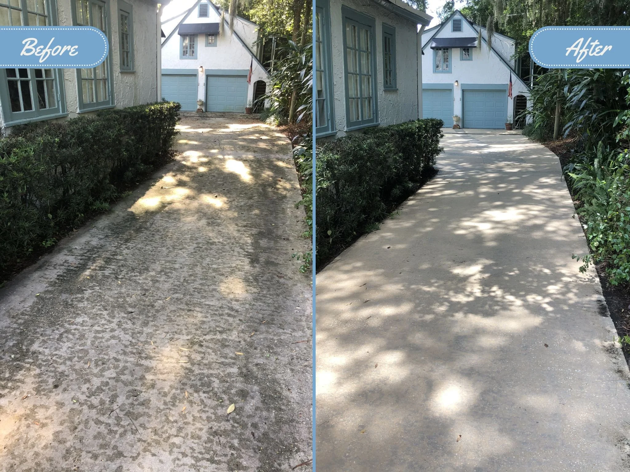 Side-by-side comparison of a concrete driveway before and after pressure washing. The left side shows a dirty, stained, and algae covered driveway, while the right side shows a clean and bright driveway after exterior cleaning in winter park.