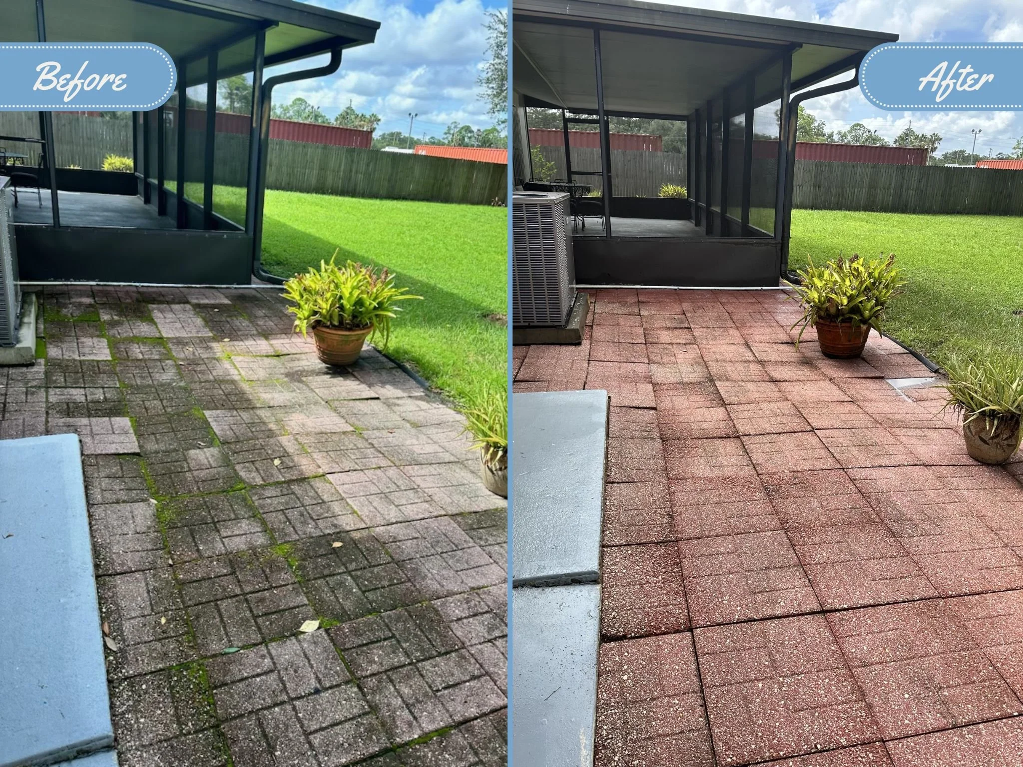Side-by-side comparison of an outdoor paver patio area, showing a before and after pressure washing transformation. The 'before' side has moss and dirt on the brick pavers, while the 'after' side appears clean with restored color and a fresh look. 
