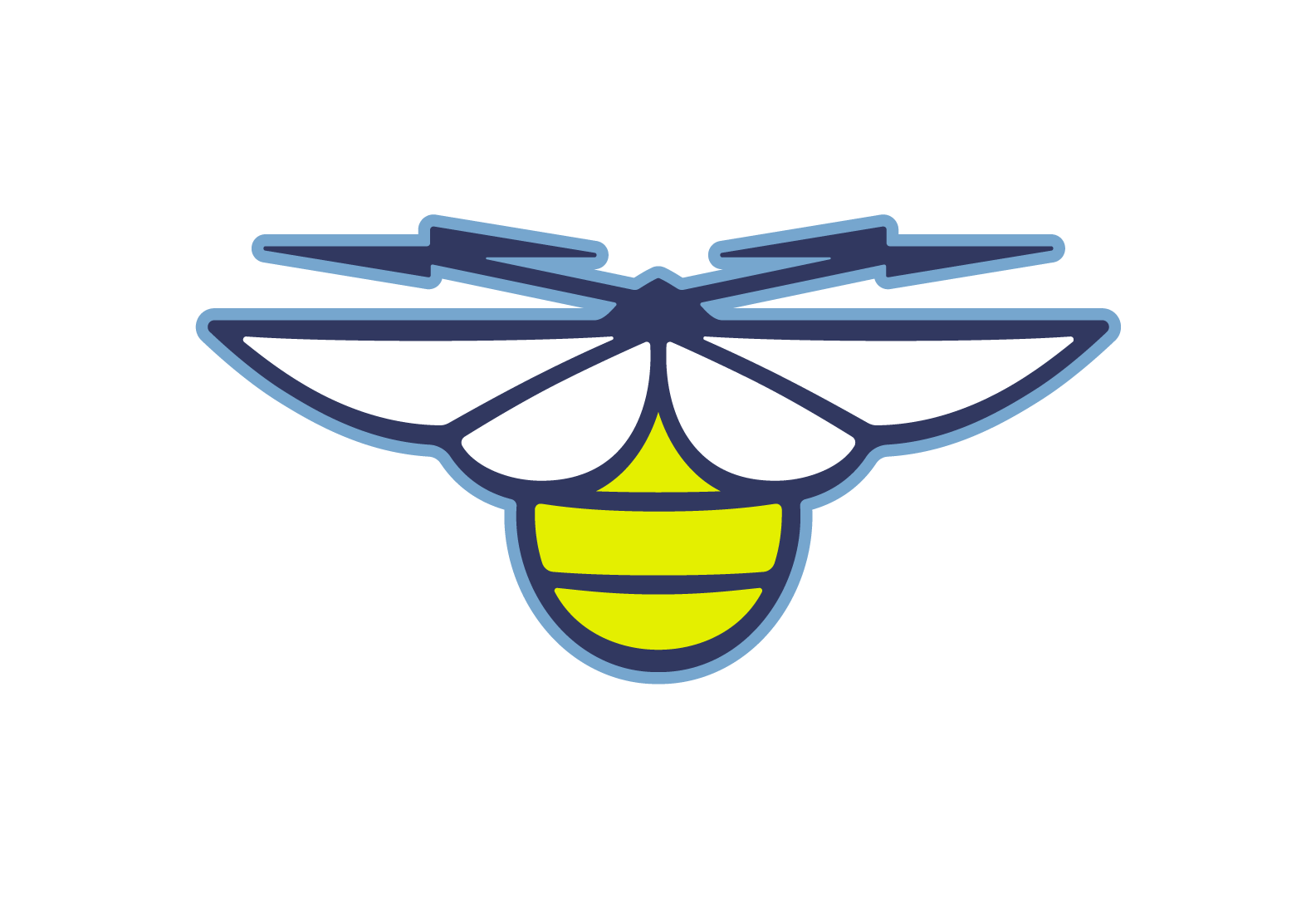 Stylized illuminated bee logo with blue, white, and yellow colors.