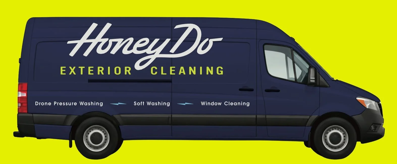 A navy blue van with the words HoneyDo Exterior Cleaning in white and yellow lettering. The van has a yellow background. There are labels indicating services: Drone Pressure Washing, Soft Washing, and Window Cleaning.