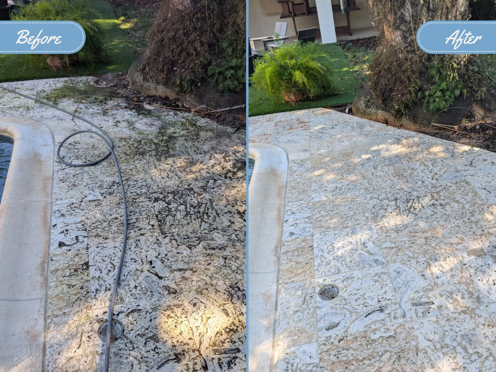Side-by-side comparison of a limestone backyard pool deck patio area before and after cleaning; the left side shows a dirty, patio covered in mildew and dirt, while the right side shows a clean, bright, fresh patio after soft washing.