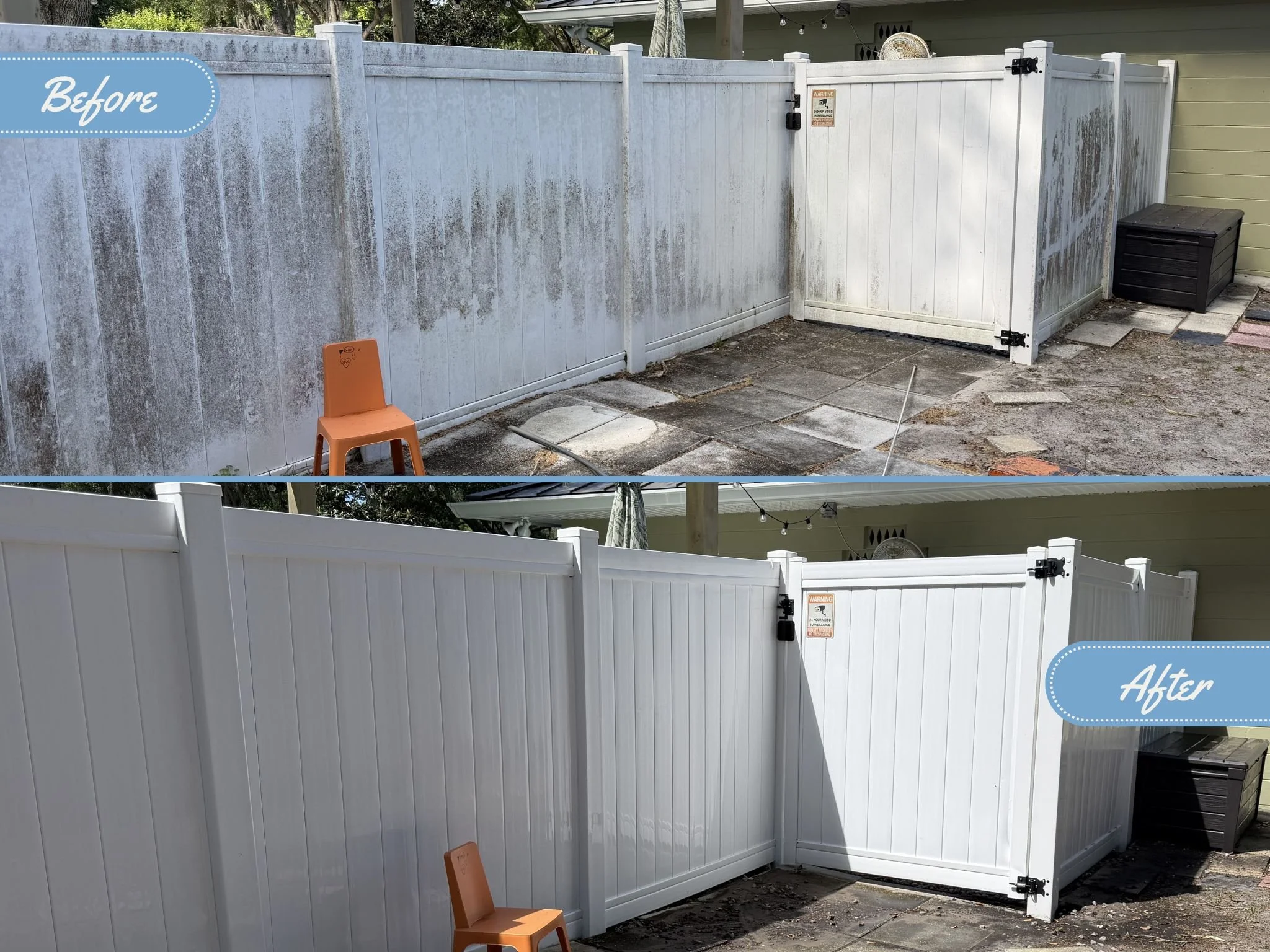 A split image showing a dirty white vinyl fence in orlando, florida before pressure washing at the top and at the bottom, a clean white fence with the black algae removed after pressure washing. 