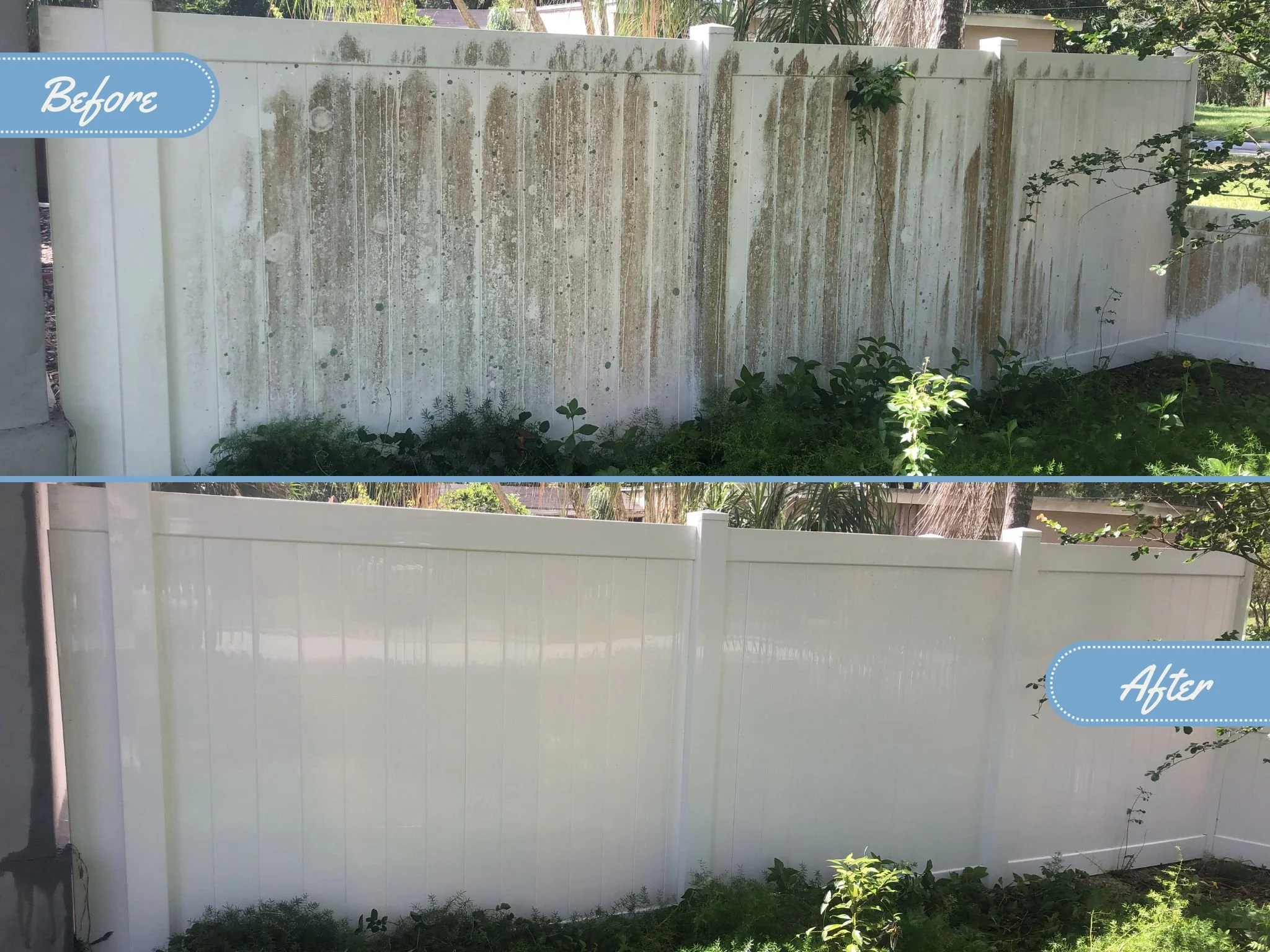 Comparison of a white vinyl fence before and after pressure washing. The top part shows dirt, moss, and grime buildup. The bottom part is clean and bright, highlighting the difference.