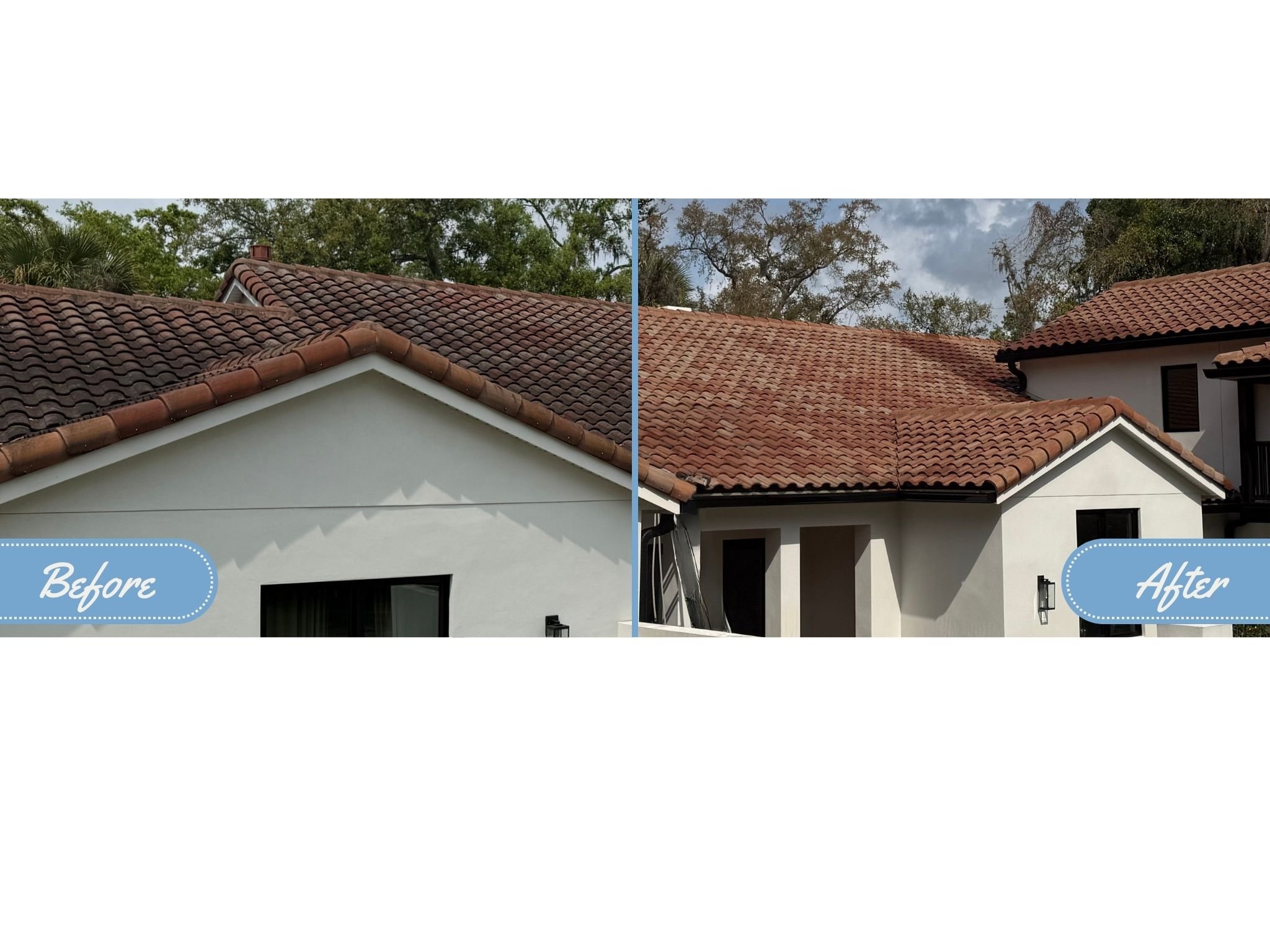 Side-by-side comparison of luxury home in winter park roof showing before and after roof soft wash, with visible dirt on the left and a bright clean red tiled roofs on the right after professional clean.