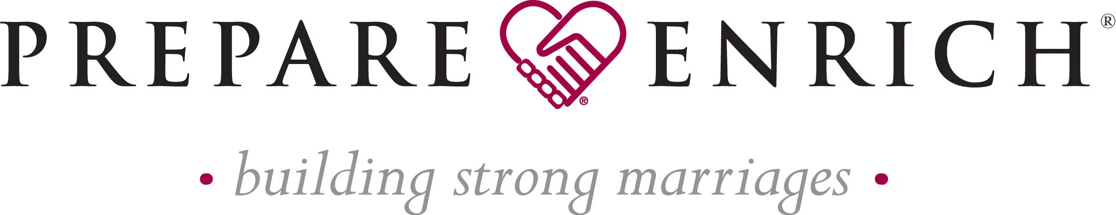 Logo for Prepare Enrich with a handshake heart symbol, and the slogan 'building strong marriages' underneath