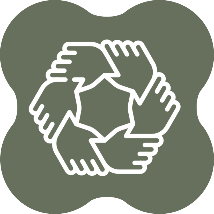 Illustration of five hands forming a circle, symbolizing unity and teamwork.