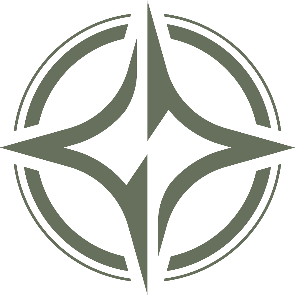 Stylized geometric logo with an inner star shape surrounded by curved lines forming a circle, colored in shades of gray and green.