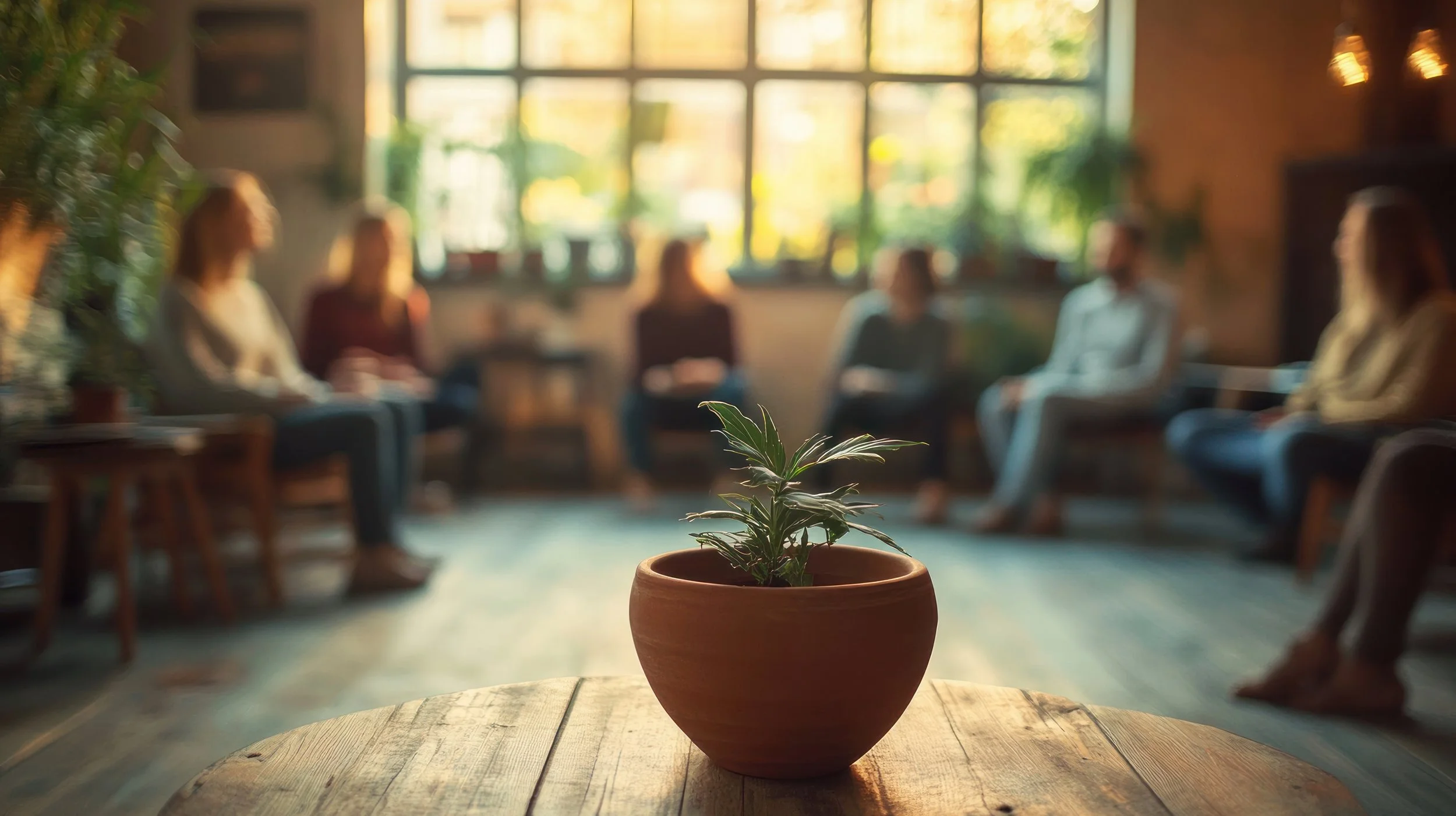 Close-up of a small potted plant on a wooden table with a blurred group of people sitting in a sunlit room in the background.
