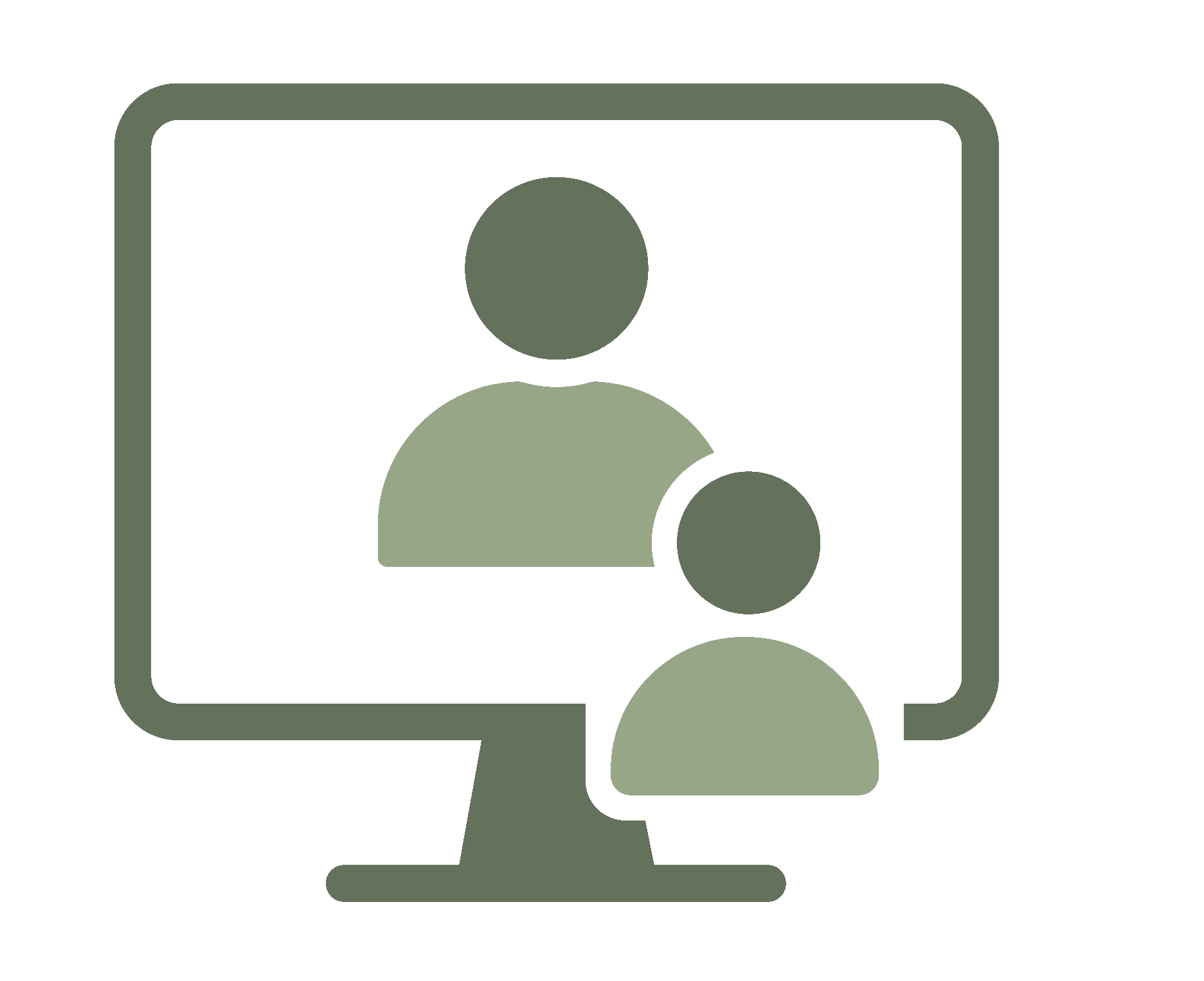 Icon of a computer monitor displaying a user profile with a person silhouette, indicating virtual meeting or online contact.