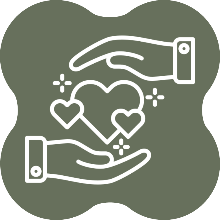 Two hands, one above and one below, holding and surrounding three hearts of different sizes with sparkles around them.