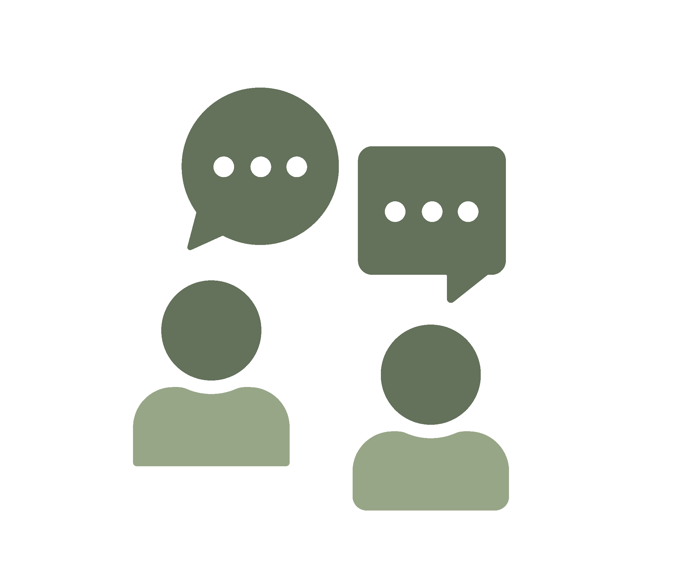 Graphic icons of speech bubbles and people, representing conversation or communication.