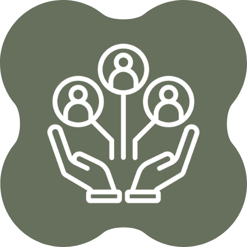 Outline of two hands holding three interconnected person icons, symbolizing social connection or support.