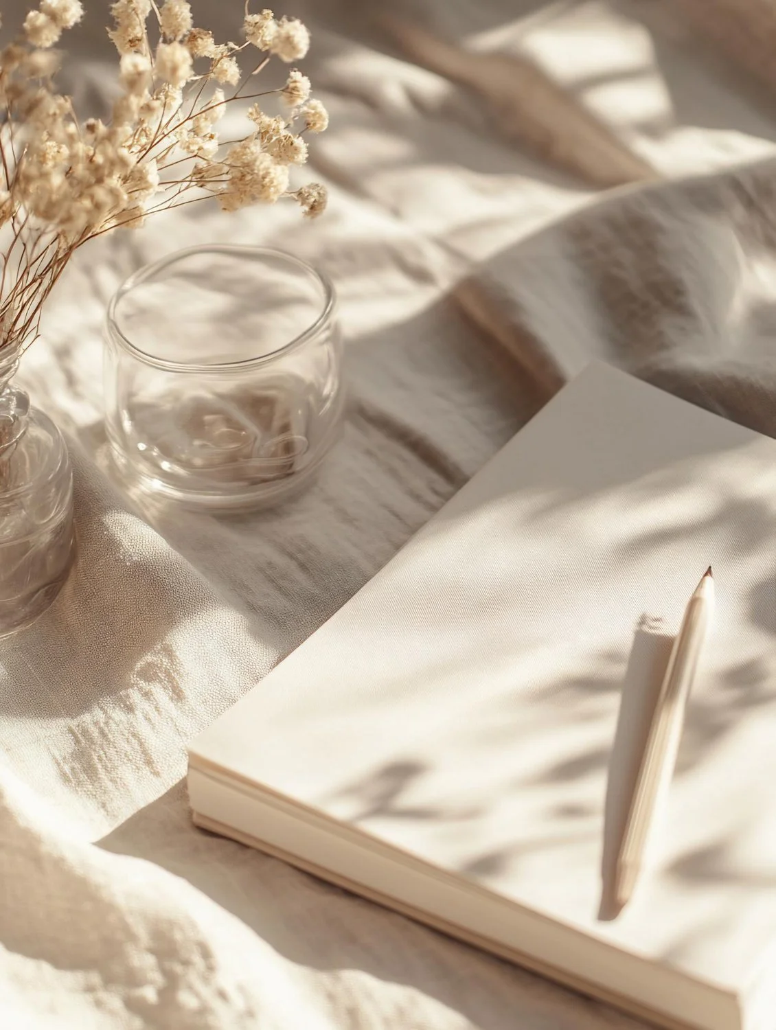 A closed white notebook with a pen on top, a glass candle holder, a glass vase with dried white flowers, and a white fabric surface with soft shadows.