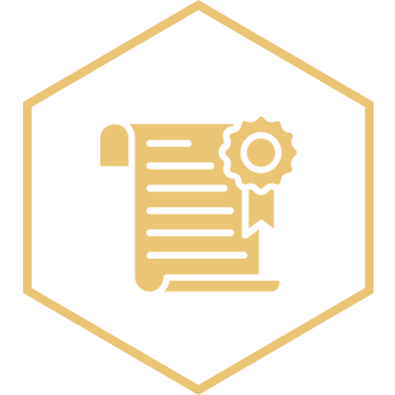Icon of a diploma and a certificate with a gold seal inside a hexagonal border.