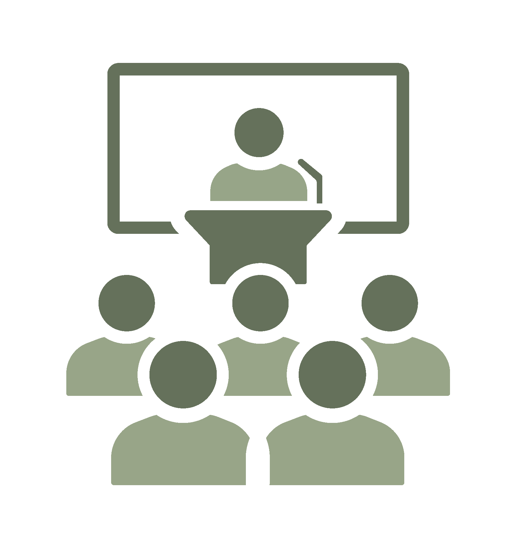 Silhouette of a person giving a presentation or speech at a podium in front of a large screen displaying an icon of a person with a microphone, with an audience of people seated in front.