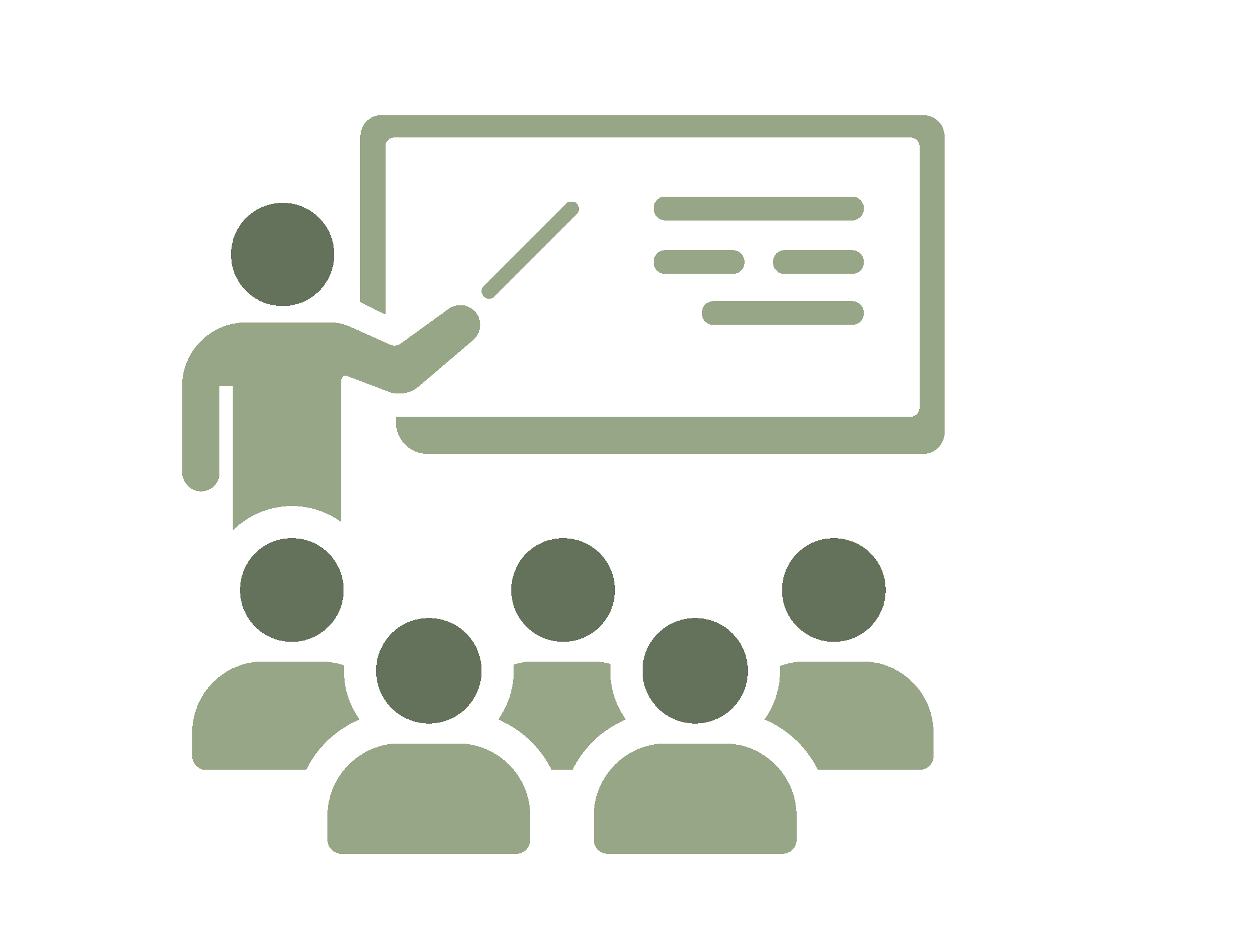 Icon of a person pointing at a presentation board with text and lines, with a group of people watching.