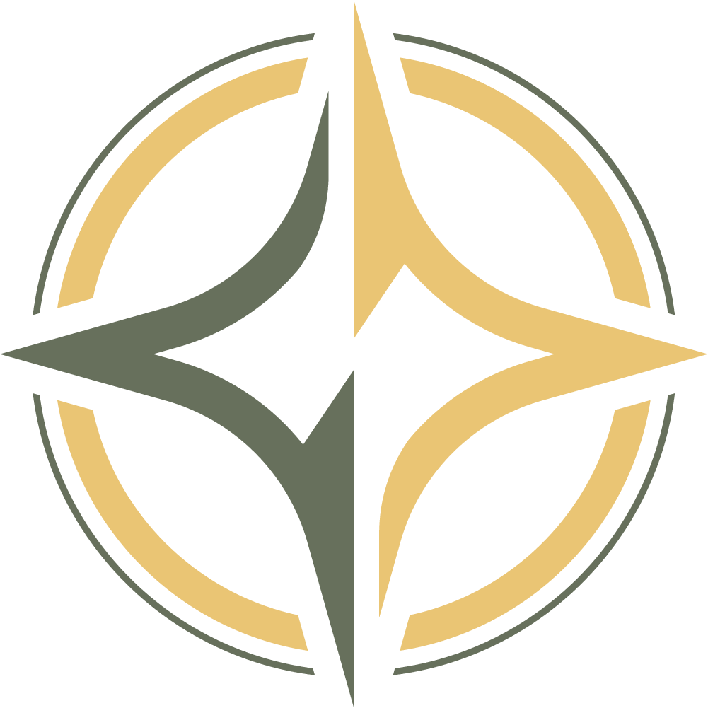A circular geometric logo with four stylized arrow shapes pointing outward, in black, gold, and dark green colors.