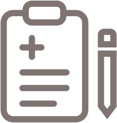 Icon of a clipboard with medical cross and lines, accompanied by a pencil.