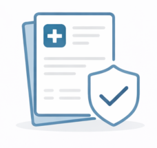 Medical documents with a shield icon and checkmark, representing healthcare or health insurance.