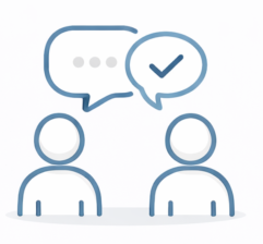 Two people having a conversation with speech bubbles, one with ellipsis and one with a check mark.