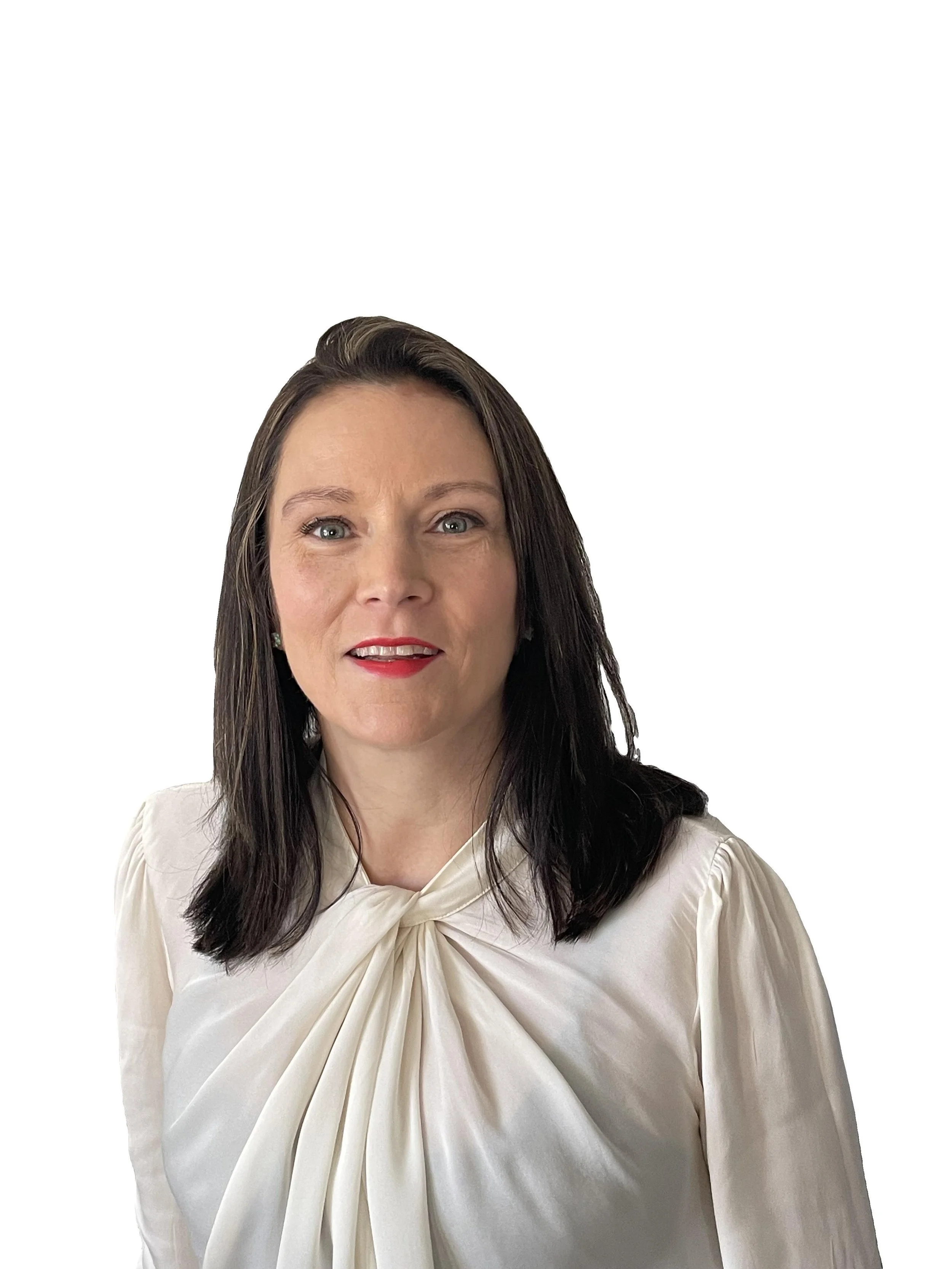 Close-up photo of a woman with dark hair, wearing a white blouse with a knot at the collar, smiling slightly against a plain white background.