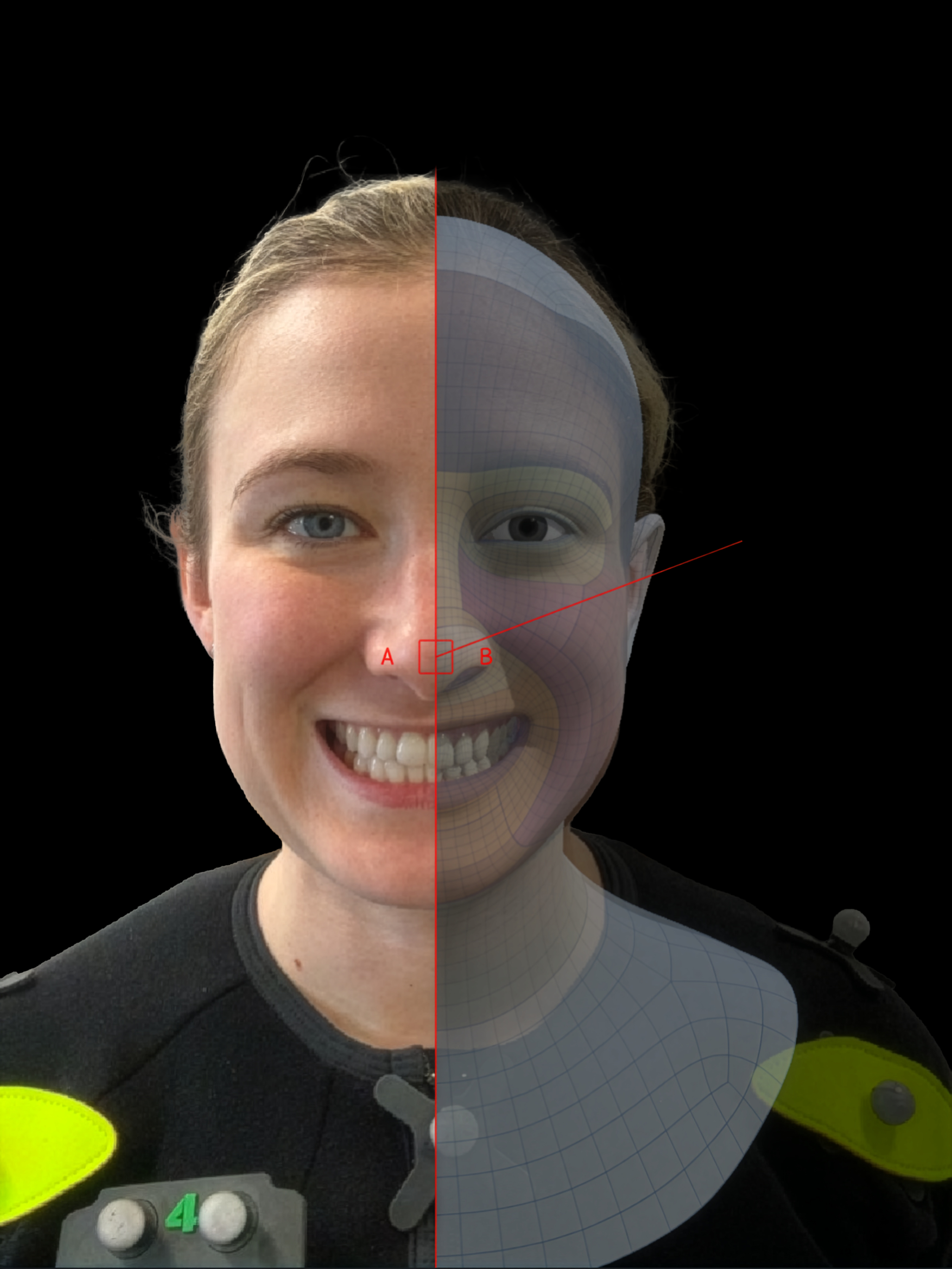 A split view of a smiling woman, with one half showing a real photo and the other half showing a 3D digital model of her face.