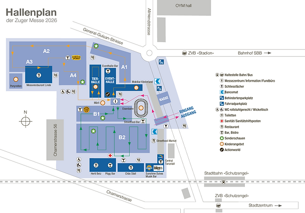 Hallenplan der Zuger Messe 2026 mit verschiedenen Messeständen, Eingängen, Toiletten, Restaurants, Kassen und Parkplätzen, inklusive Beschriftungen und Wegweisern.